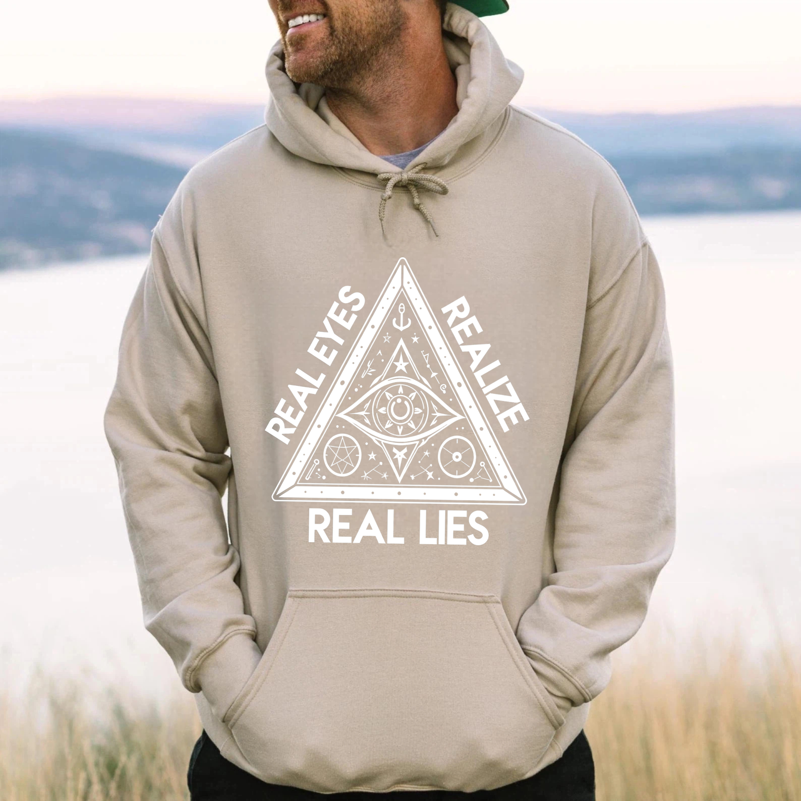 Dorawear™ Real Eyes Realize Real Lies Hoodie Black Spiritual Symbolic Design Mystical Pyramid Graphic Sweatshirt Unisex Casual Wear-Dorawear
