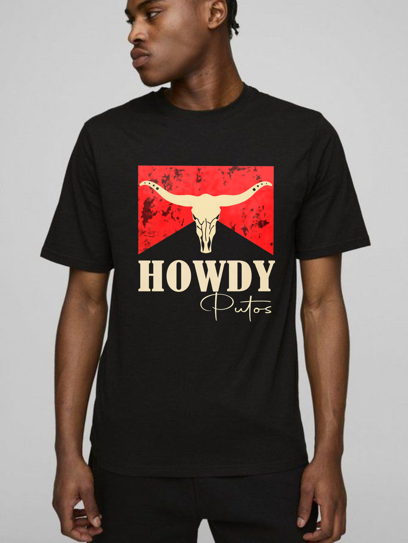 Dorawear™ Cow Skull Red Background Howdy Putos T Shirt 100% cotton