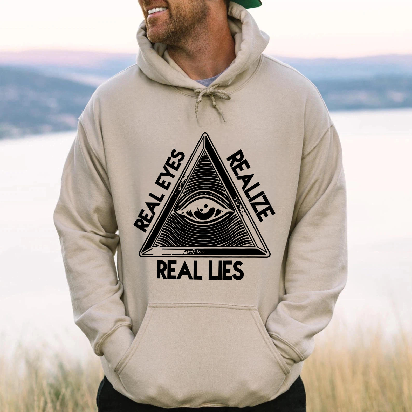 Dorawear™ Real Eyes Realize Real Lies All Seeing Eye Pyramid Hoodie Black Sweatshirt With Pocket And Drawstring Hood For Men Women Unisex Streetwear Fashion Clothing-Dorawear