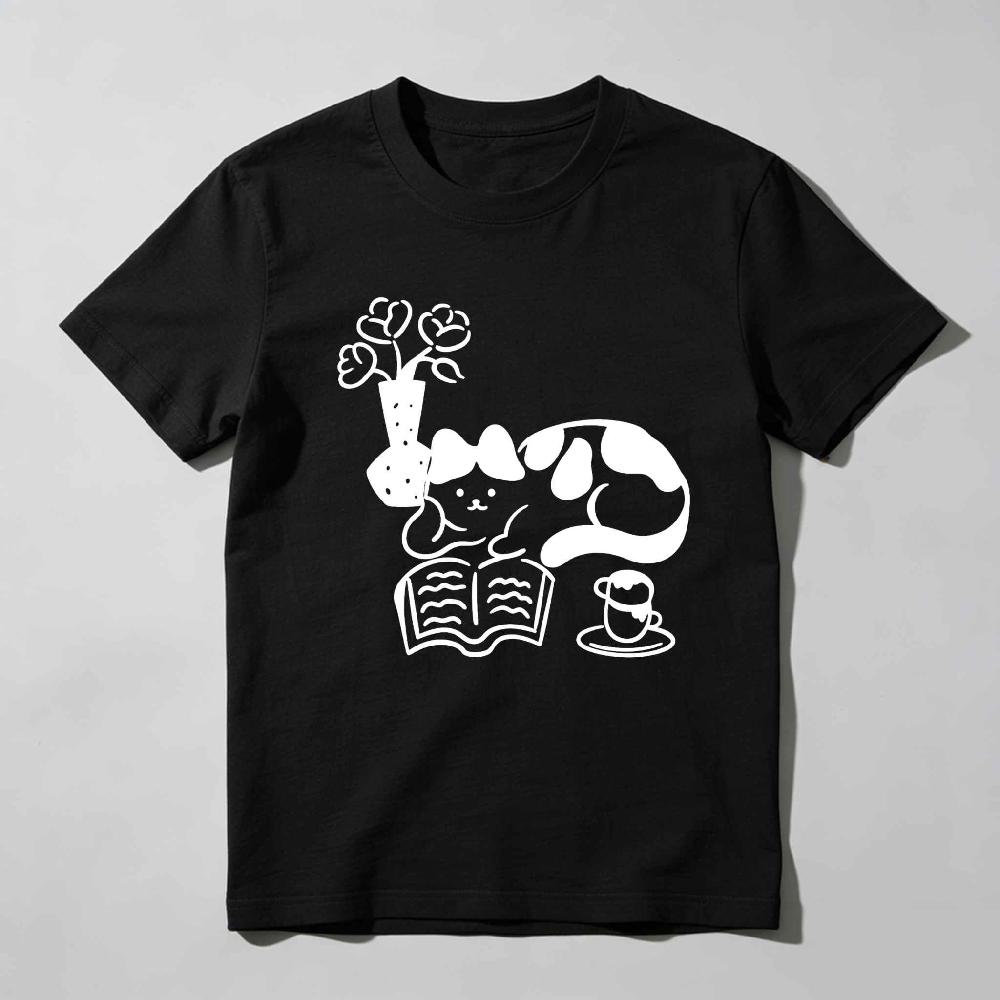 Dorawear Cat Reading Book With Flowers And Tea T Shirt