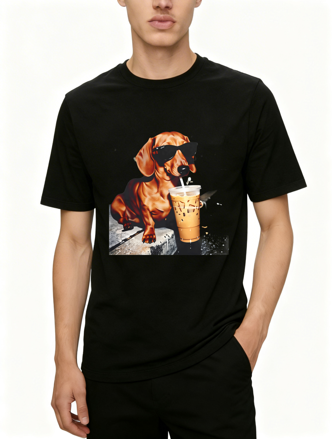 Dorawear™ Dachshund Wears Sunglasses Sips Iced Coffee T Shirt