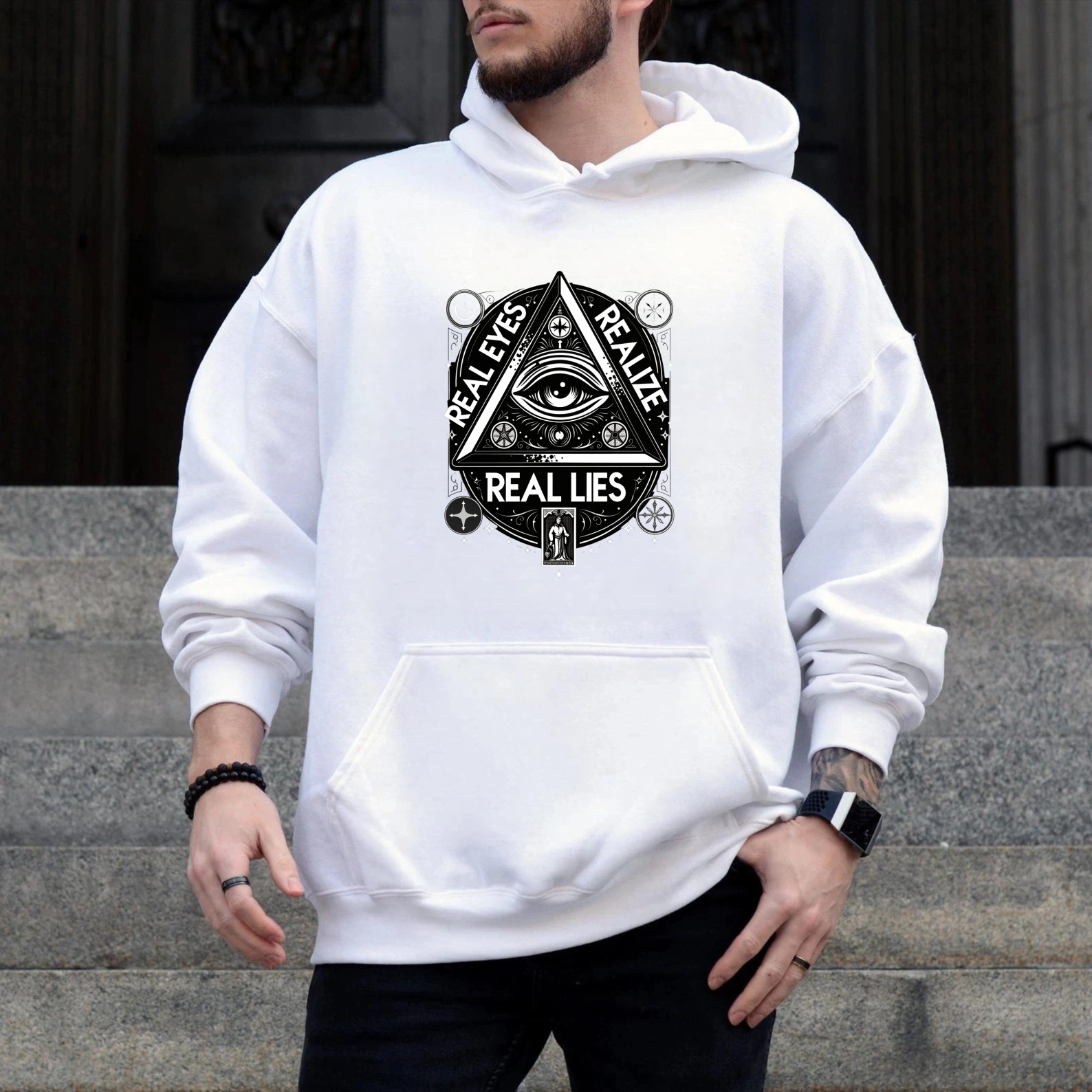 Dorawear™ Real Eyes Real Lies All Seeing Eye Hoodie Black Spiritual Symbolic Design Mystical Eye Print Sweatshirt Unisex Fashion Statement Clothing-Dorawear