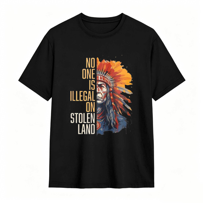 Native American Headdress And Text No One Is Illegal On Stolen Land T-shirt