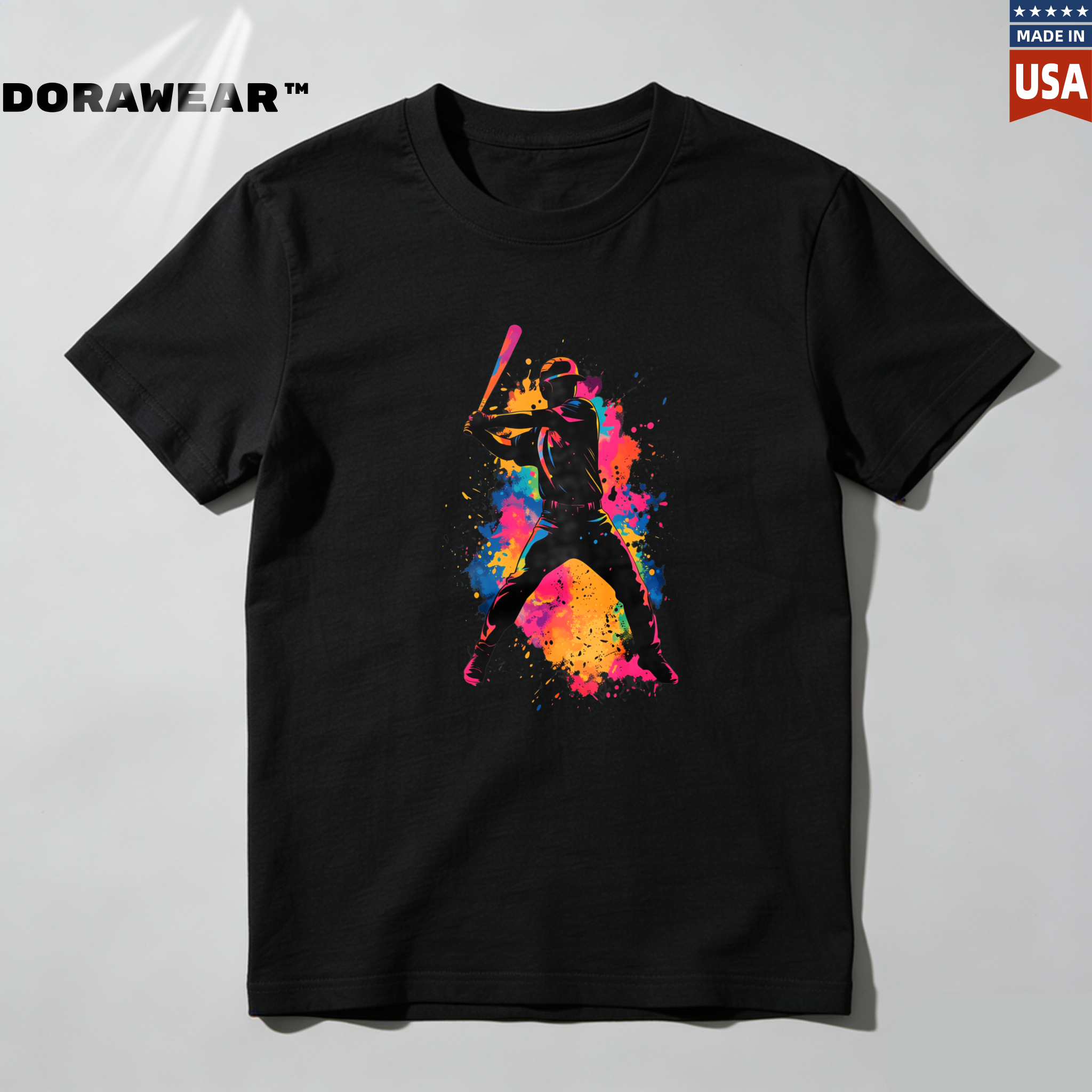Dorawear™ Colorful Baseball Player Silhouette Art Design  T Shirt-Dorawear