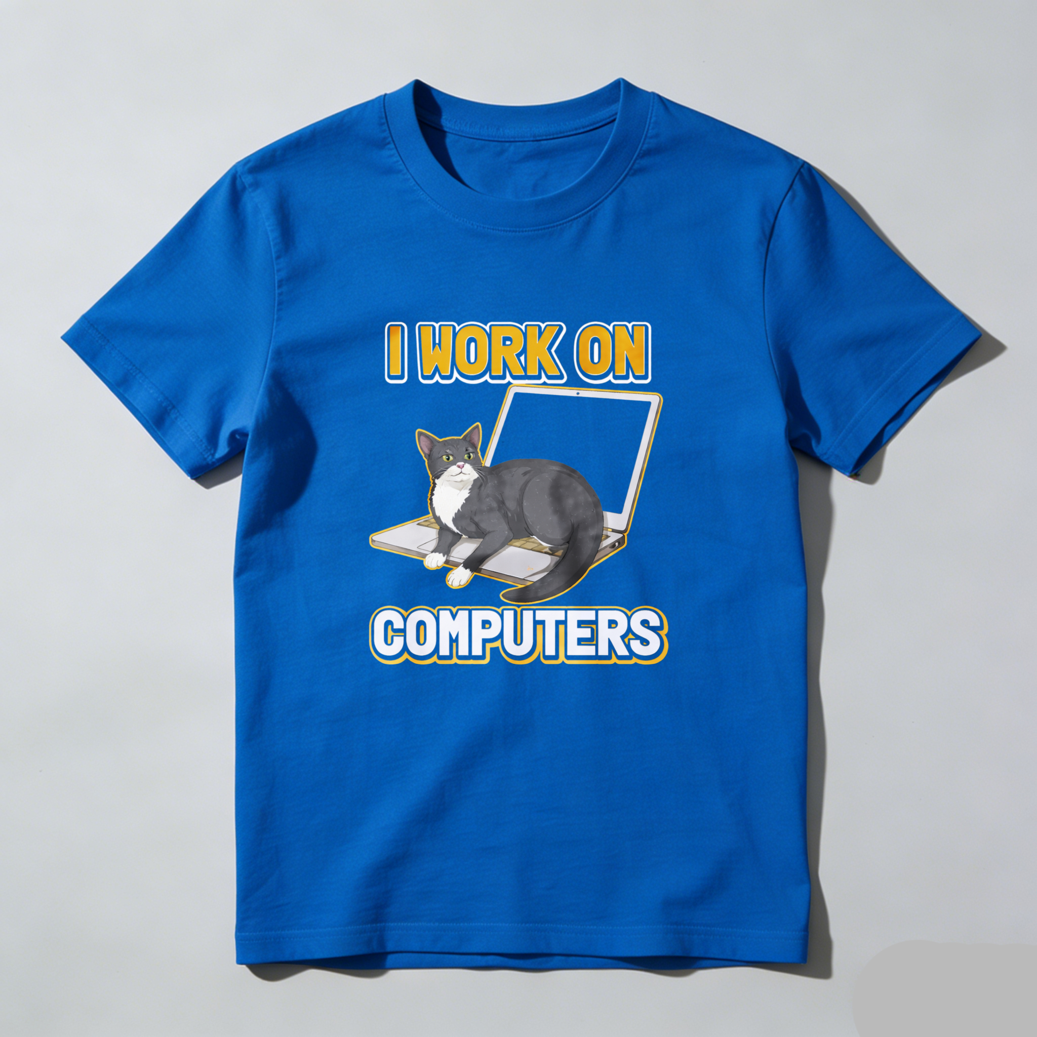 Dorawear™ Cat On Laptop I Work On Computers Pure Cotton Short Sleeve T Shirt-Dorawear