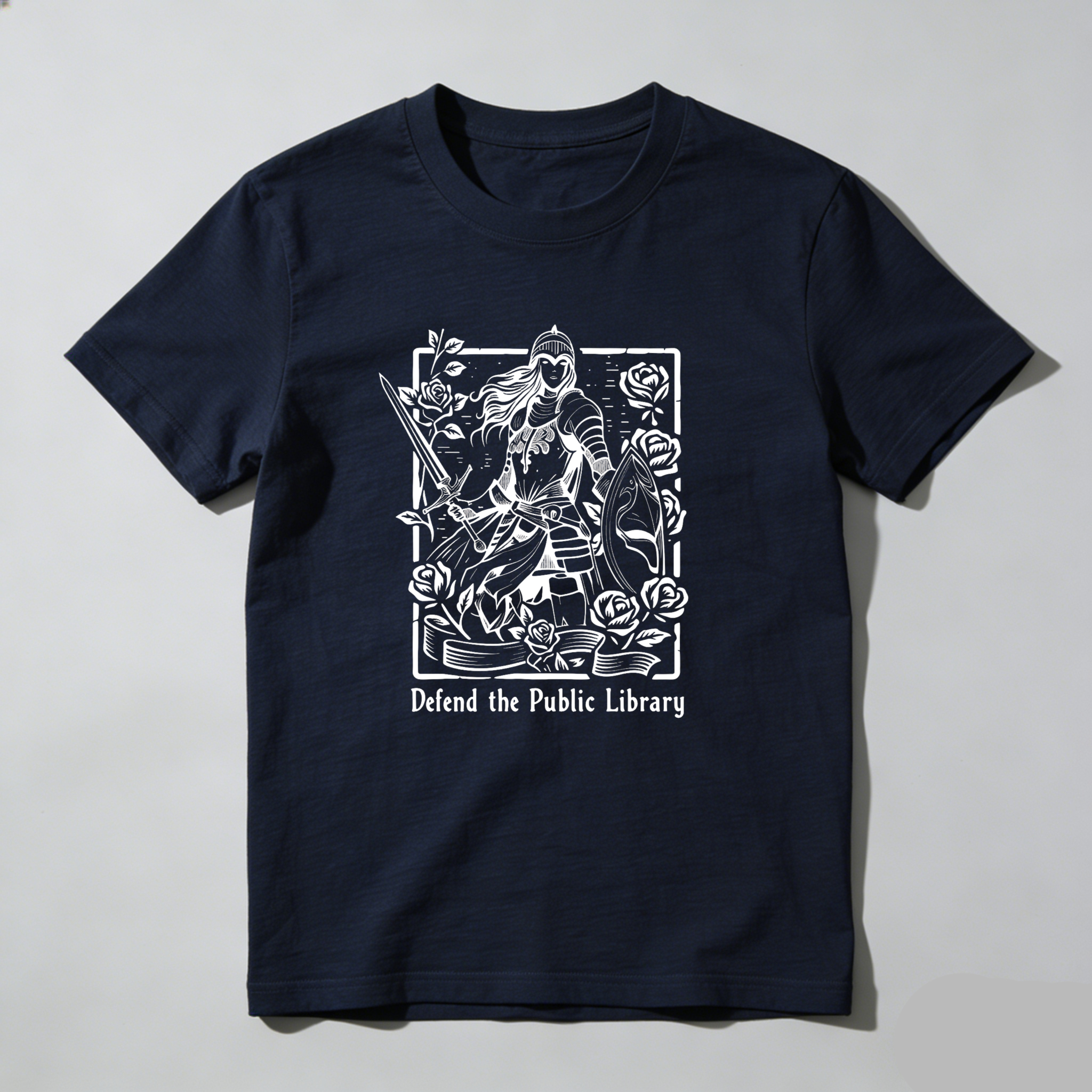 Dorawear™ Defend The Public Library Warrior With Sword And Roses T Shirt