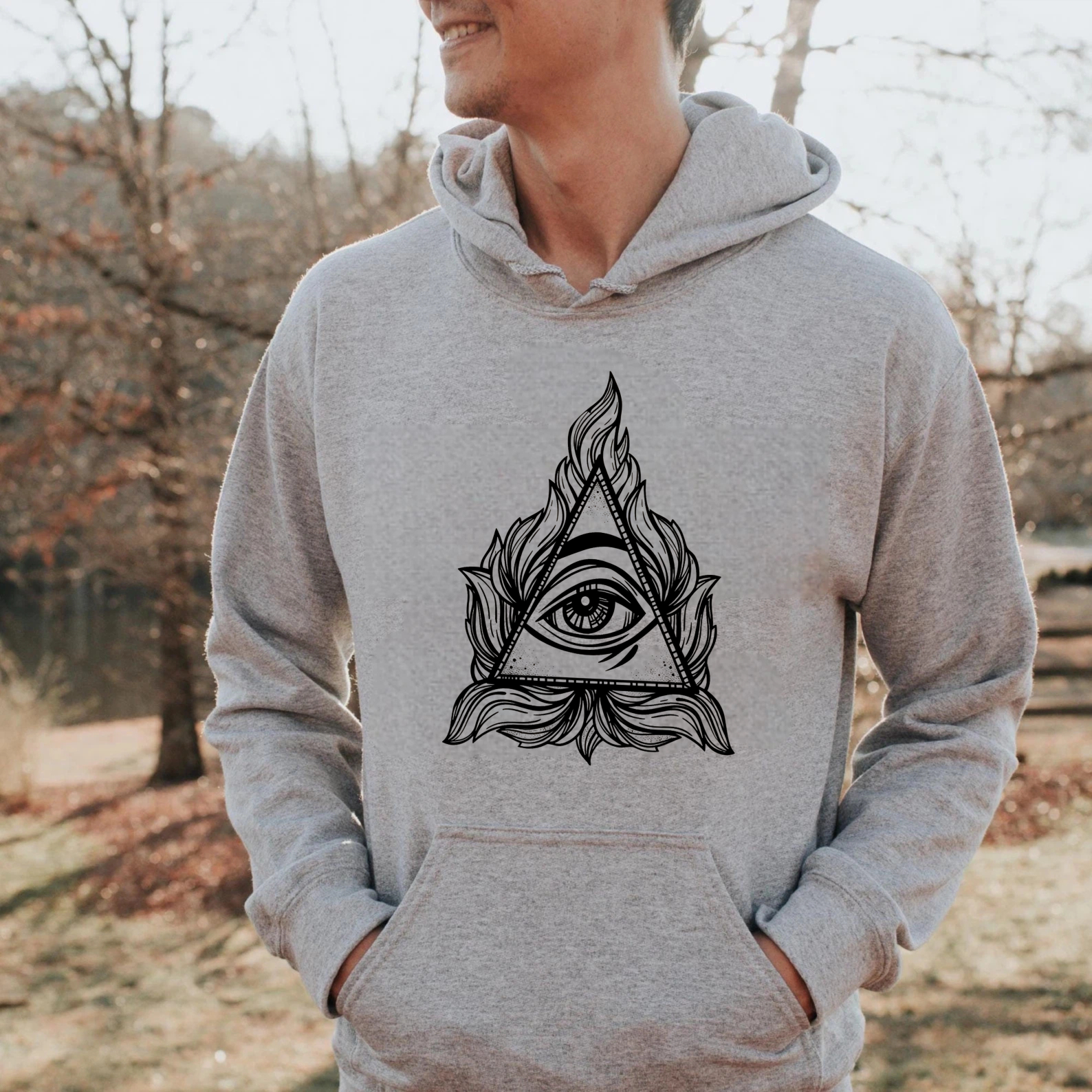 Dorawear™ All Seeing Eye Hoodie With Flame And Leaf Design Black Sweatshirt For Men And Women Spirituality Symbol Clothing Artistic Print Pullover Hoodie-Dorawear