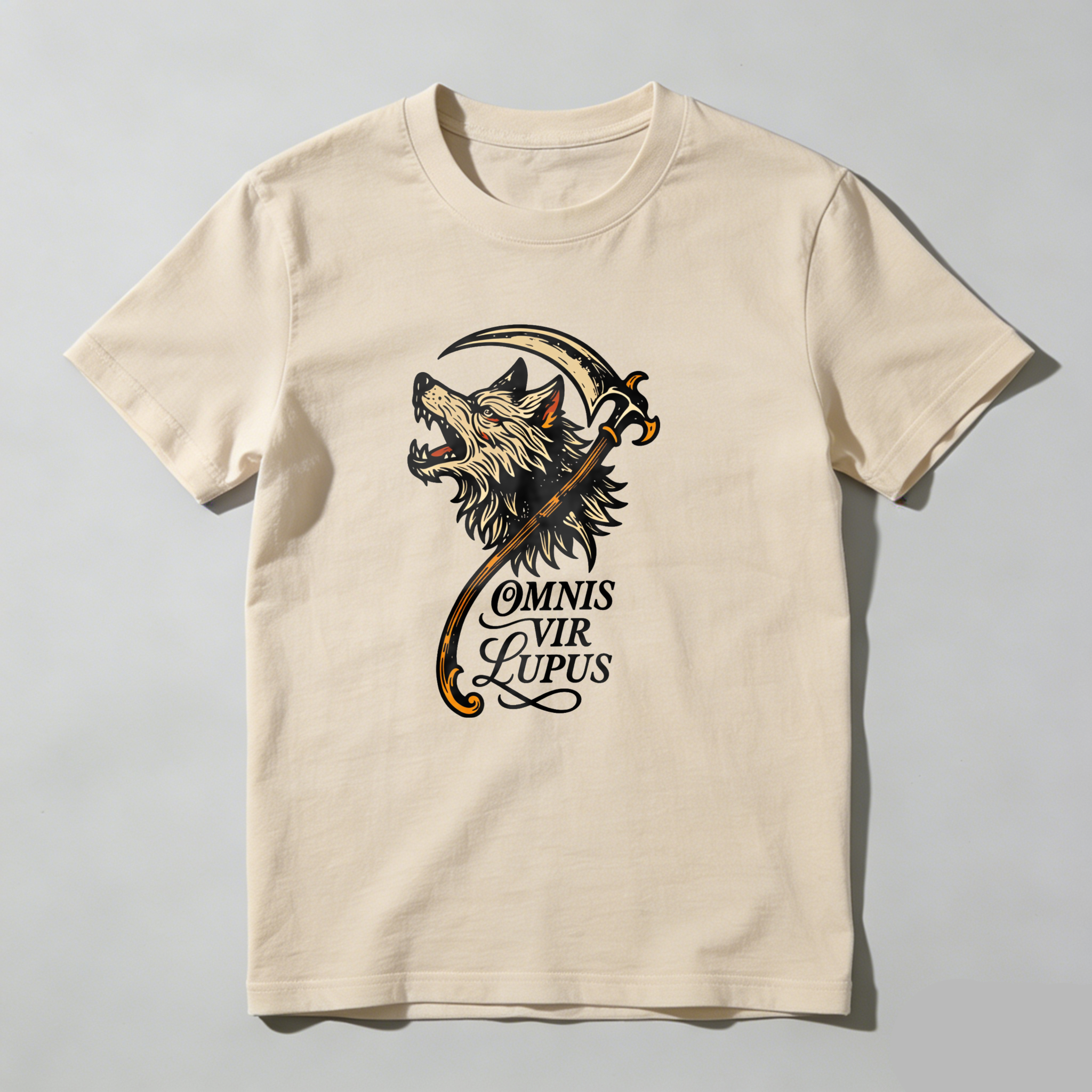 Dorawear Wolf With Scythe And Latin Text T Shirt