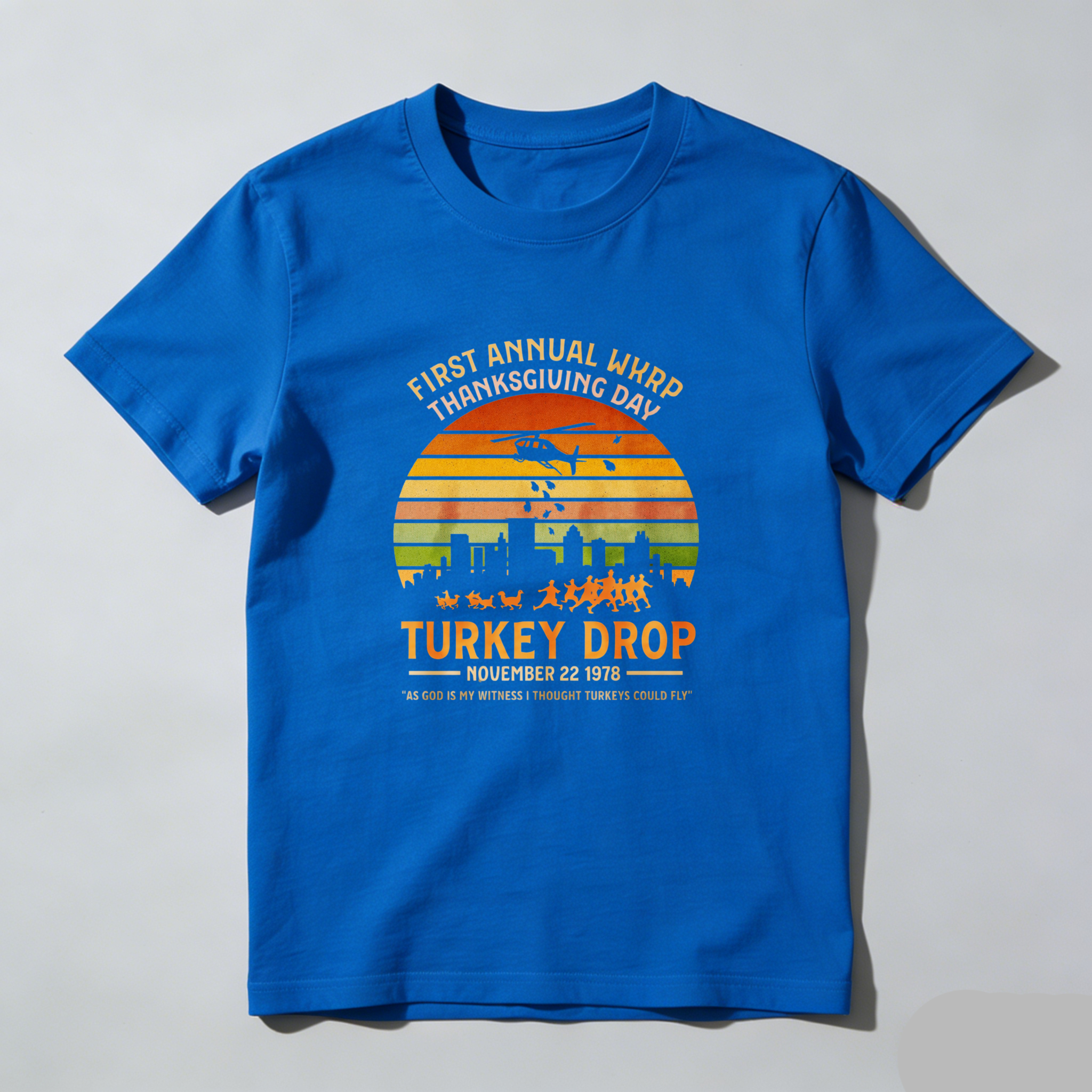 Dorawear™ First Annual Wkrp Thanksgiving Day Turkey Drop November 22 1978 Pure Cotton Short Sleeve T Shirt-Dorawear