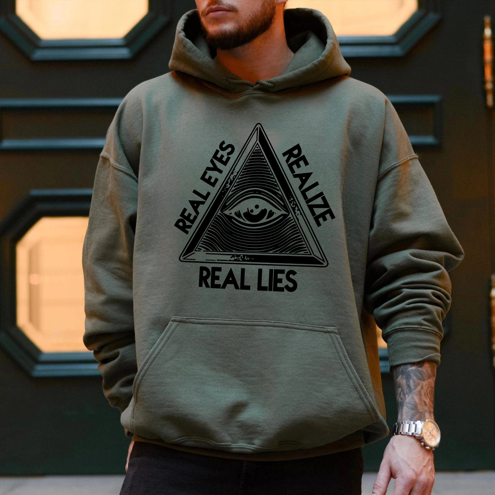 Dorawear™ Real Eyes Realize Real Lies All Seeing Eye Pyramid Hoodie Black Sweatshirt With Pocket And Drawstring Hood For Men Women Unisex Streetwear Fashion Clothing-Dorawear
