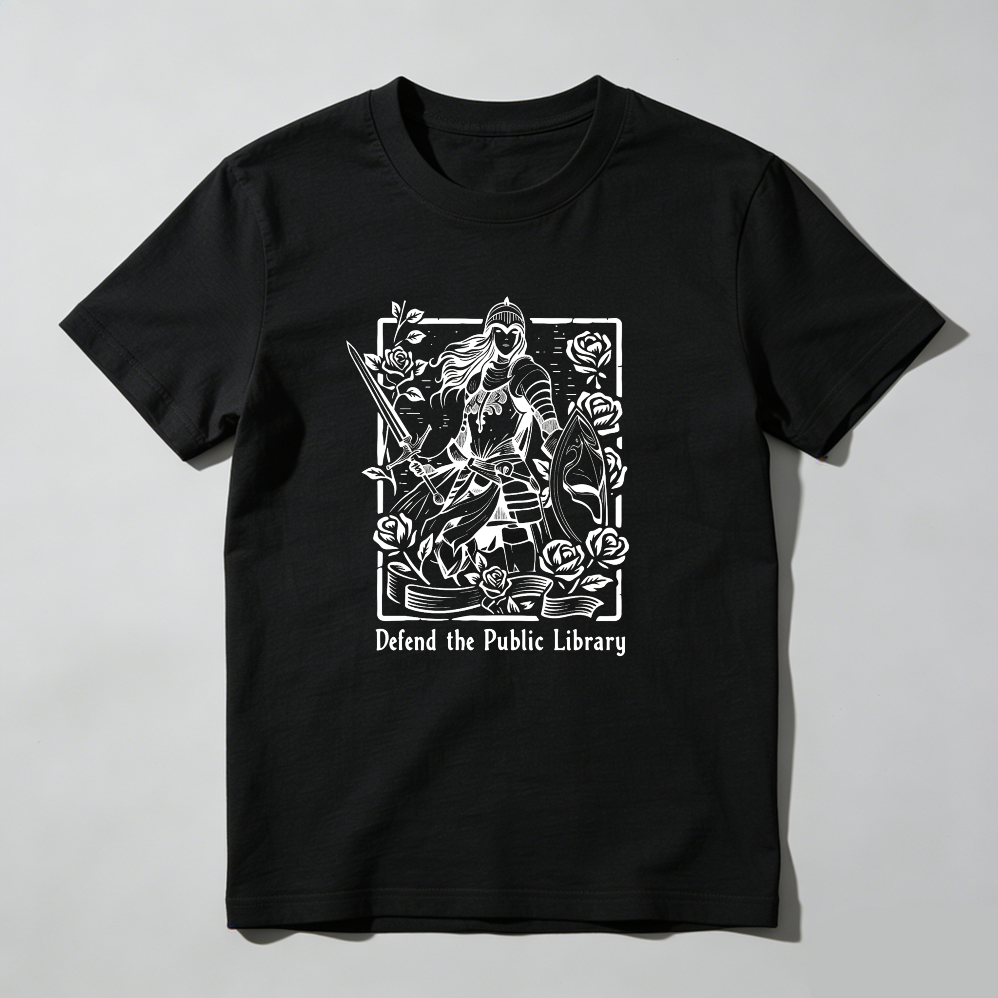 Dorawear™ Defend The Public Library Warrior With Sword And Roses T Shirt