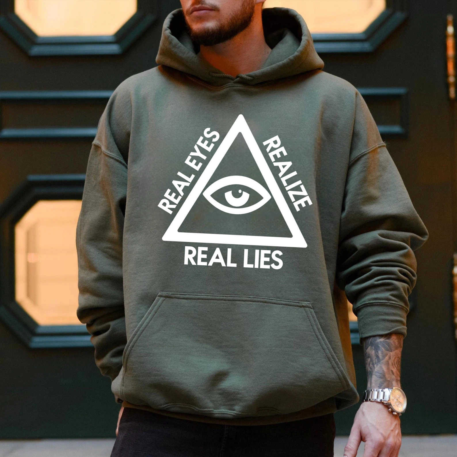 Dorawear™ Real Eyes Realize Real Lies Hoodie All Seeing Eye Symbol Graphic Sweatshirt Unisex Casual Wear Black Pullover With Pocket For Men Women-Dorawear