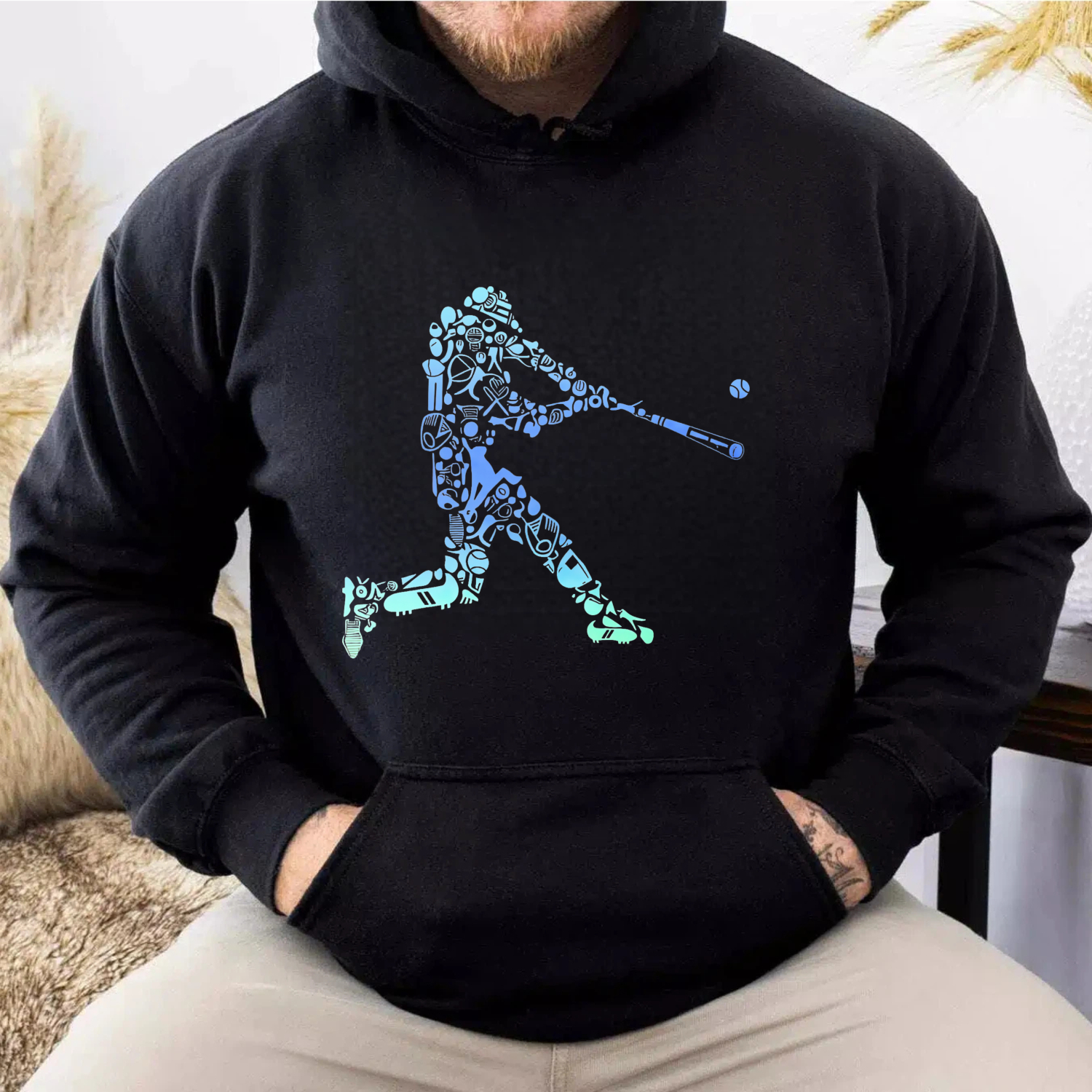 Dorawear™ Baseball Player Silhouette Design Black Hoodie With Blue Graphic Art For Sports Fans And Casual Wear-Dorawear