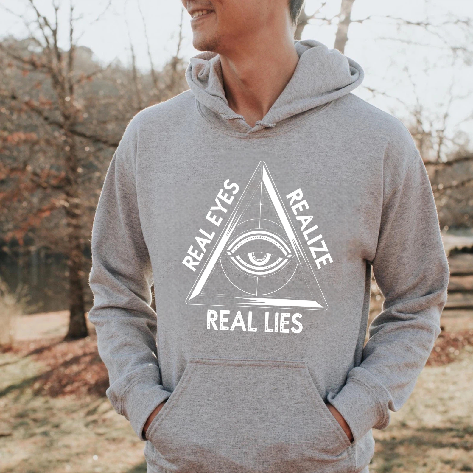 Dorawear™ Real Eyes Realize Real Lies Hoodie All Seeing Eye Symbol Black Sweatshirt With Pocket And Drawstring Hood For Men Women Unisex Fashion Streetwear Apparel-Dorawear