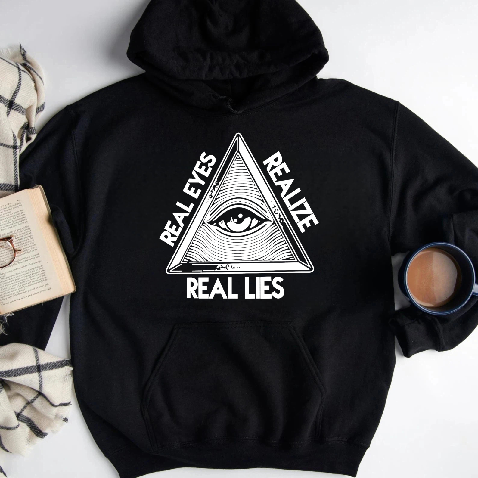 Dorawear™ Real Eyes Realize Real Lies All Seeing Eye Pyramid Hoodie Black Sweatshirt With Pocket And Drawstring Hood For Men Women Unisex Streetwear Fashion Clothing-Dorawear