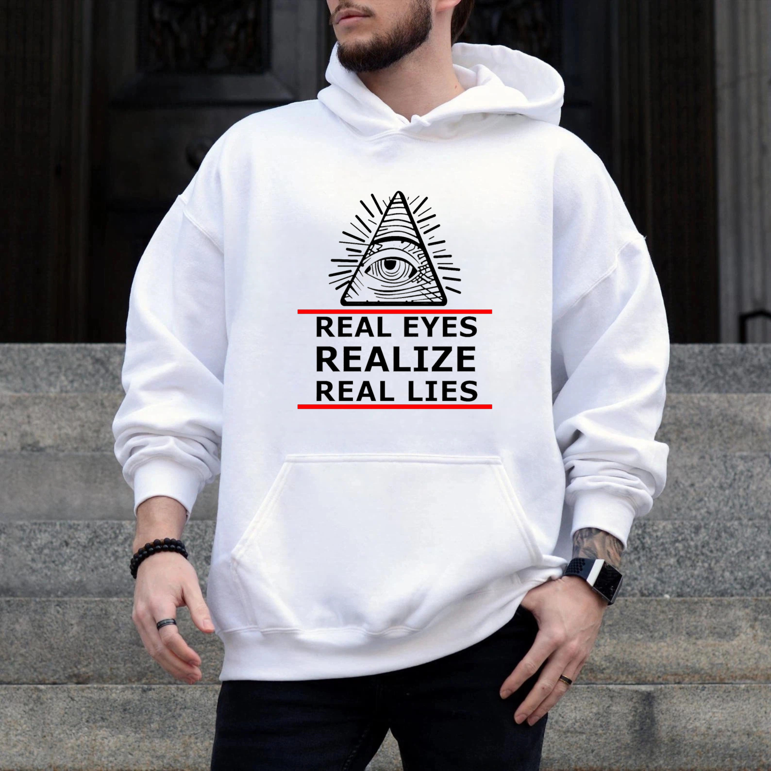 Dorawear™ Real Eyes Realize Real Lies Hoodie With All Seeing Eye Symbol Black Sweatshirt For Men Women Unisex Fashion Statement Piece-Dorawear