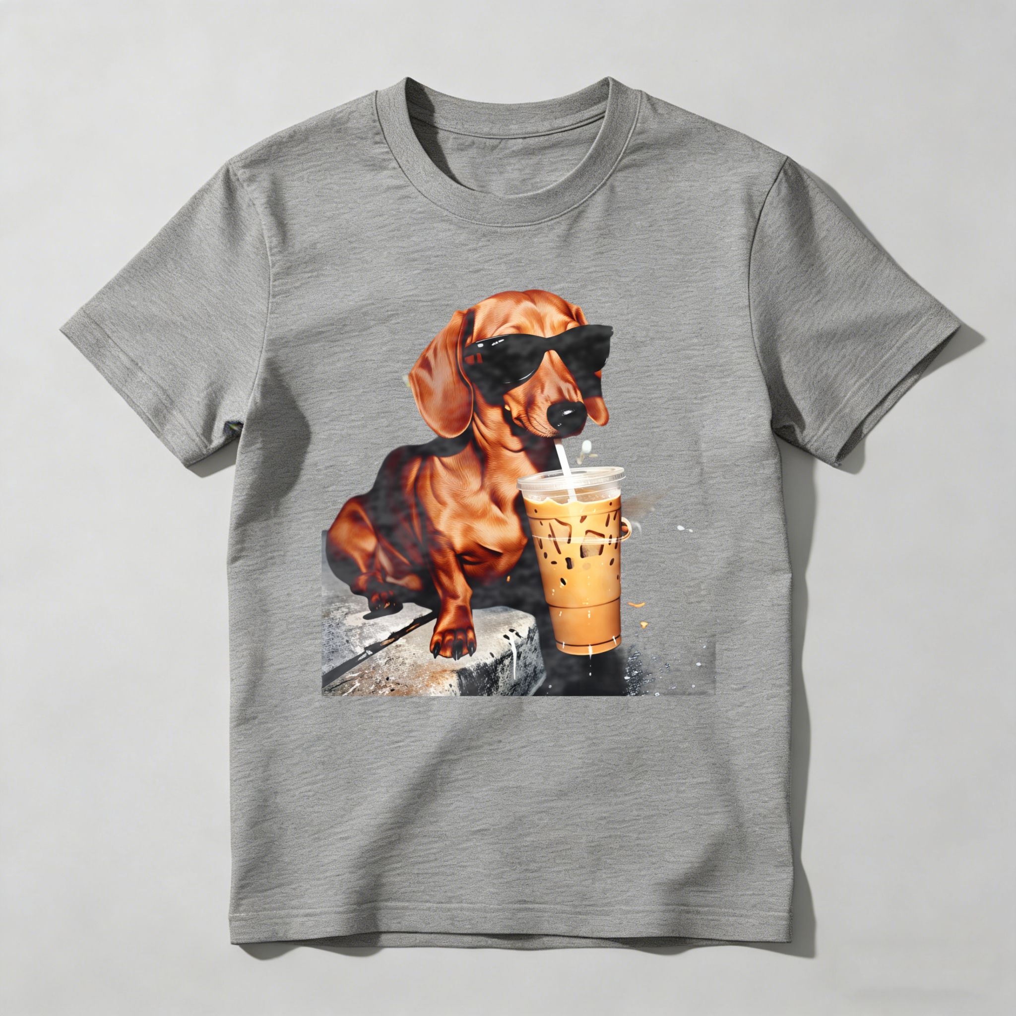 Dorawear™ Dachshund Wears Sunglasses Sips Iced Coffee T Shirt