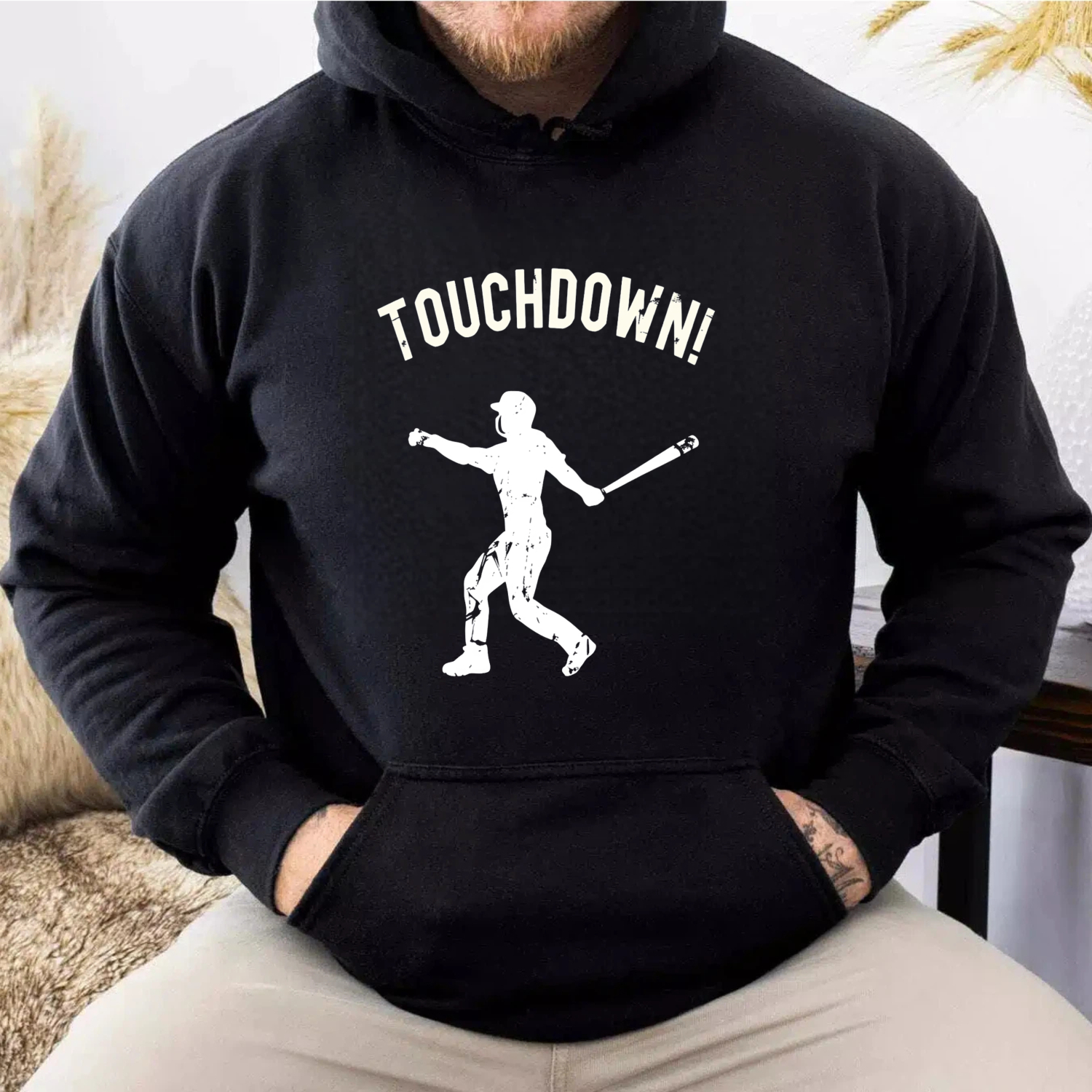 Dorawear™ Touchdown Baseball Player Graphic Hoodie Unisex Sweatshirt Sport Inspired Casual Wear Black Pullover With Front Pocket And Hood-Dorawear