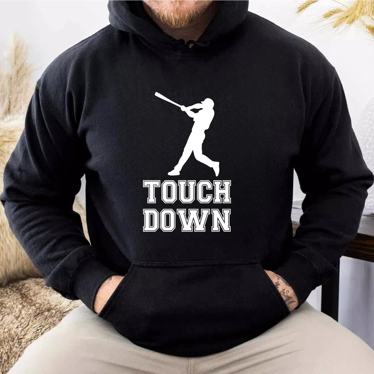 Dorawear™ Touch Down Baseball Player Silhouette Hoodie Black Sweatshirt Sport Design Casual Wear For Men Women Unisex Apparel-Dorawear