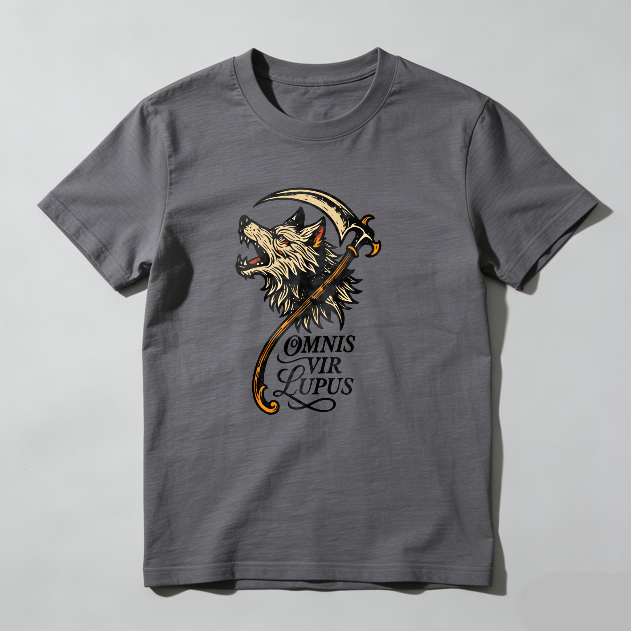 Dorawear Wolf With Scythe And Latin Text T Shirt
