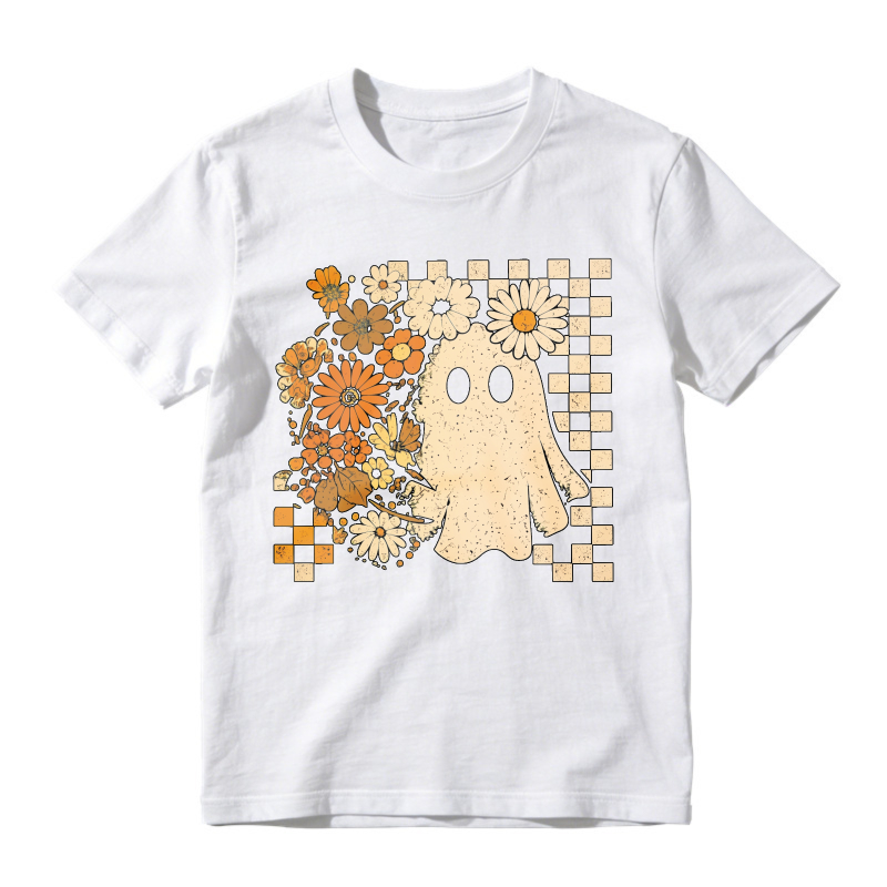 Cute Ghost With Orange Flowers And Checkered Pattern, Unisex Classic T-shirt