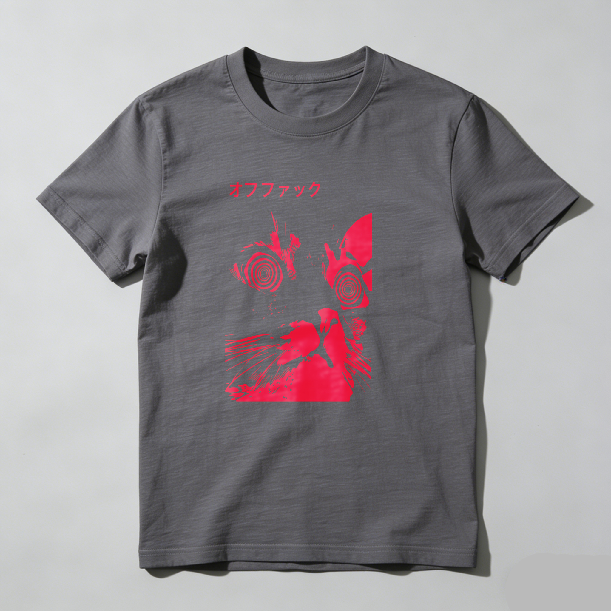 Dorawear™ Red Cat With Spiral Eyes And Japanese Text T Shirt