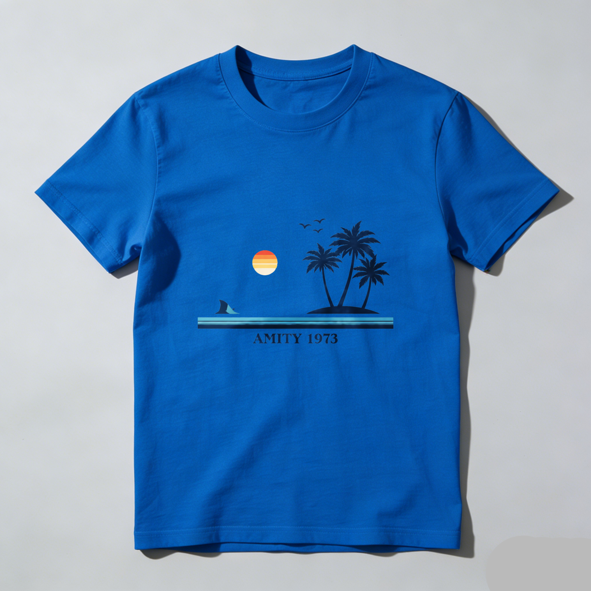 Dorawear™ Sunset Palm Trees Shark Amity 1973 Pure Cotton Short Sleeve T Shirt-Dorawear