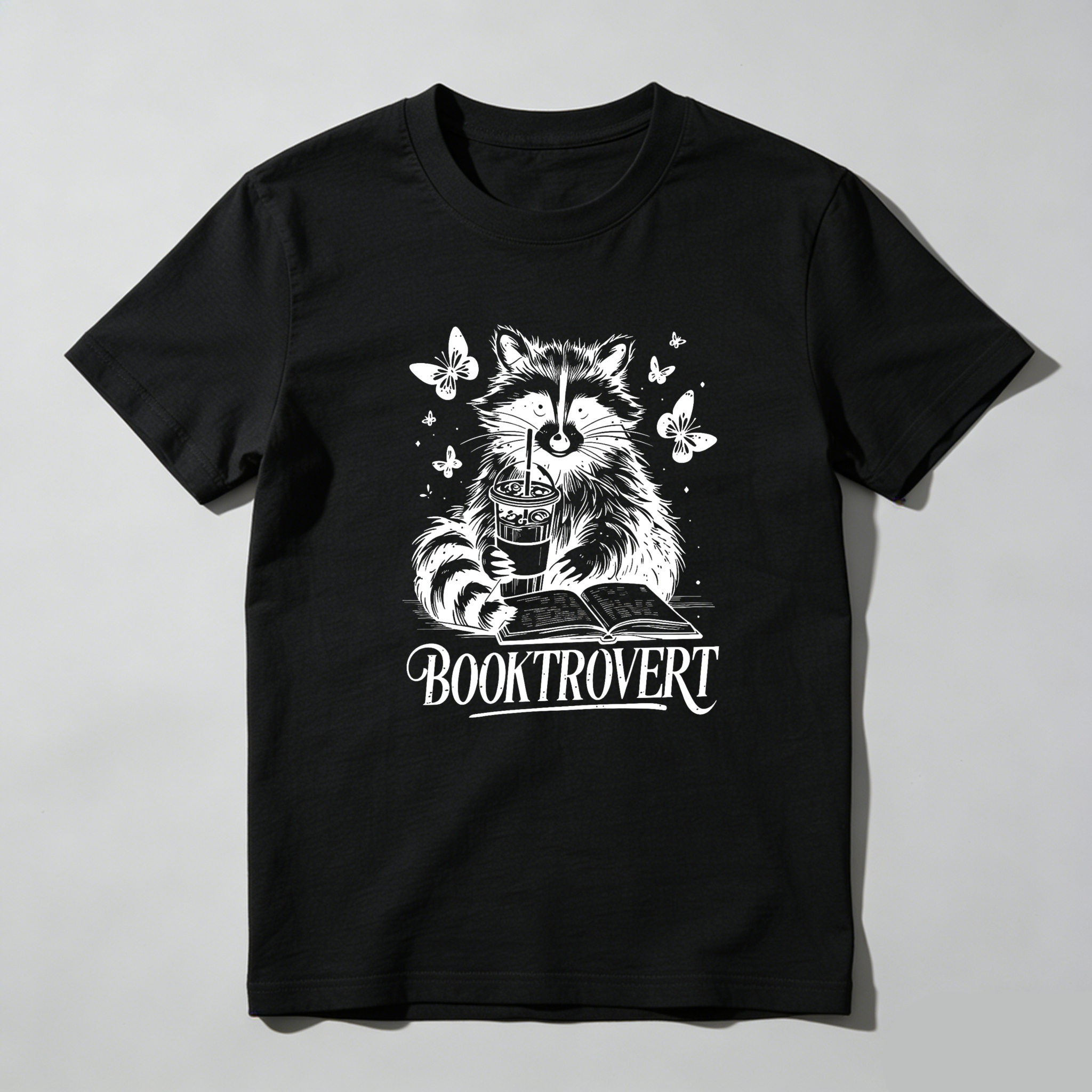 Dorawear Raccoon Reading Book With Butterflies And Coffee T Shirt