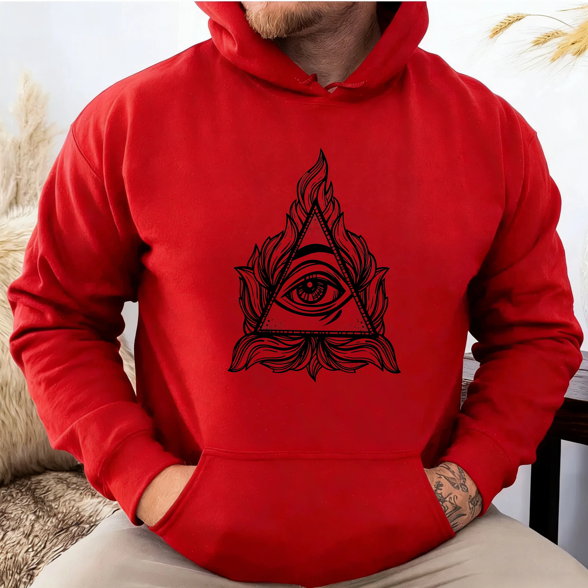 Dorawear™ All Seeing Eye Hoodie With Flame And Leaf Design Black Sweatshirt For Men And Women Spirituality Symbol Clothing Artistic Print Pullover Hoodie-Dorawear