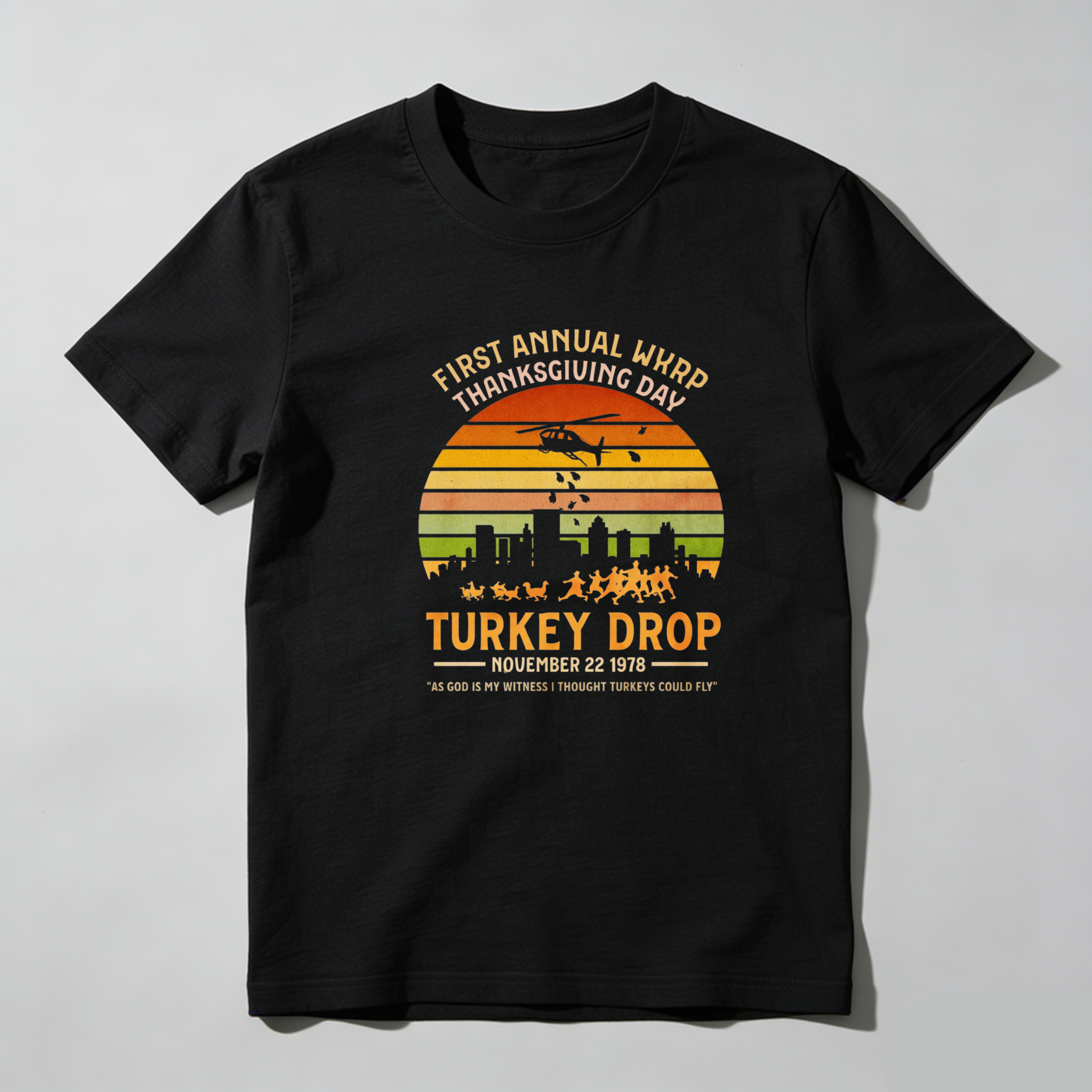 Dorawear™ First Annual Wkrp Thanksgiving Day Turkey Drop November 22 1978 Pure Cotton Short Sleeve T Shirt-Dorawear