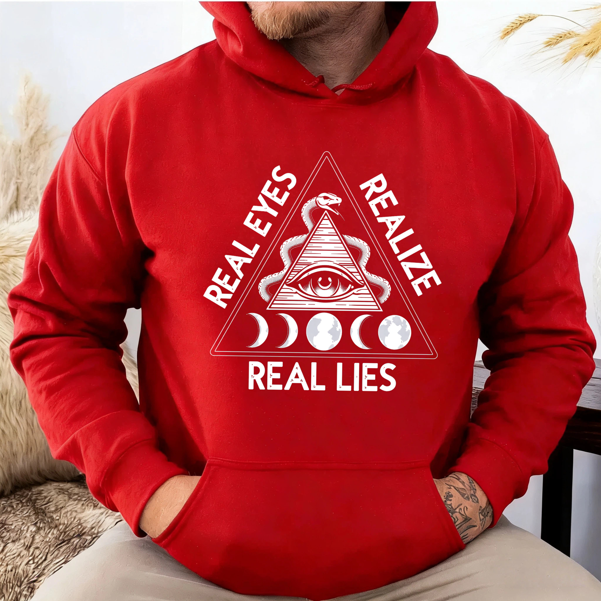 Dorawear™ Real Eyes Realize Real Lies Hoodie All Seeing Eye Symbol Moon Phases Design Black Sweatshirt Unisex Pullover Fashion Statement Apparel-Dorawear