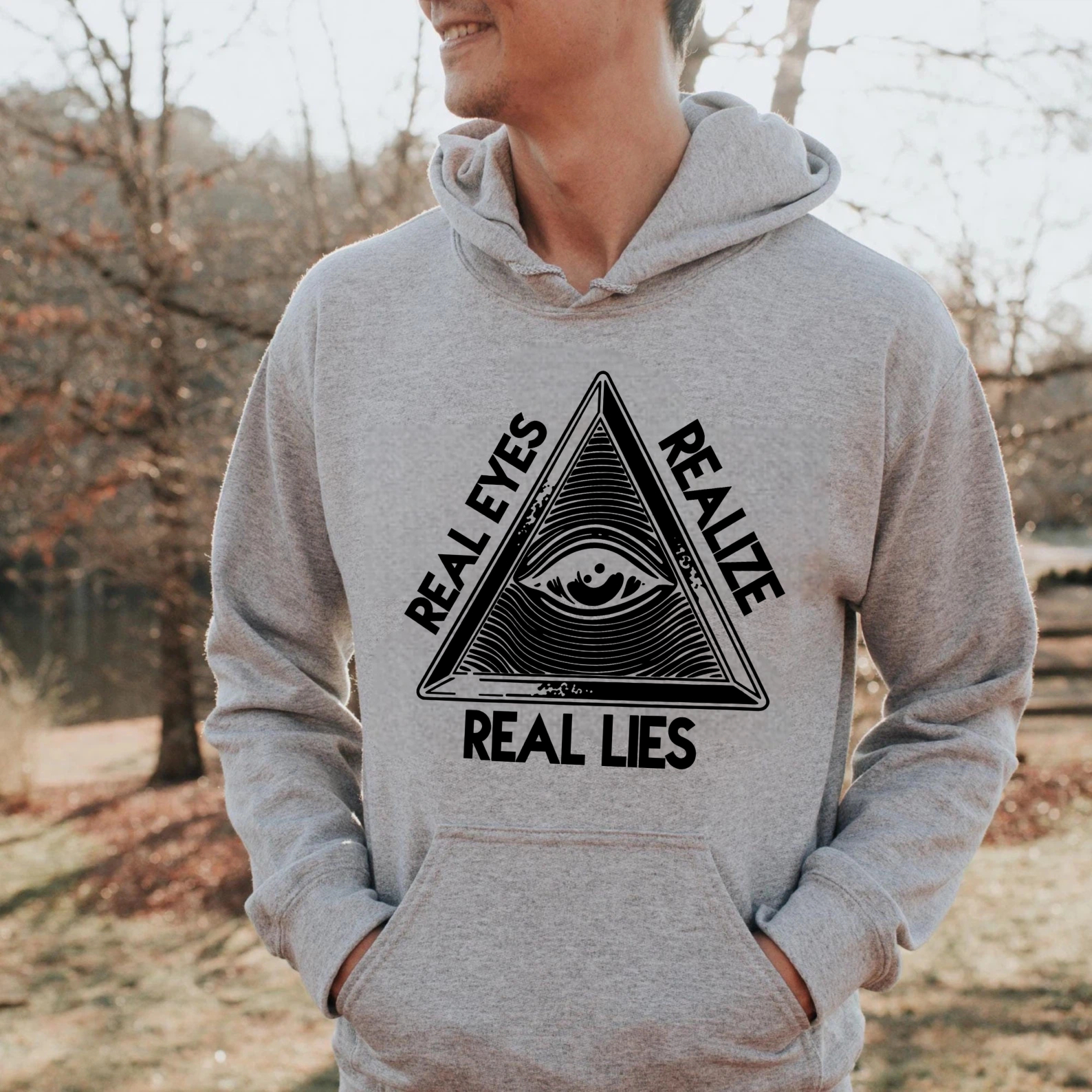 Dorawear™ Real Eyes Realize Real Lies All Seeing Eye Pyramid Hoodie Black Sweatshirt With Pocket And Drawstring Hood For Men Women Unisex Streetwear Fashion Clothing-Dorawear