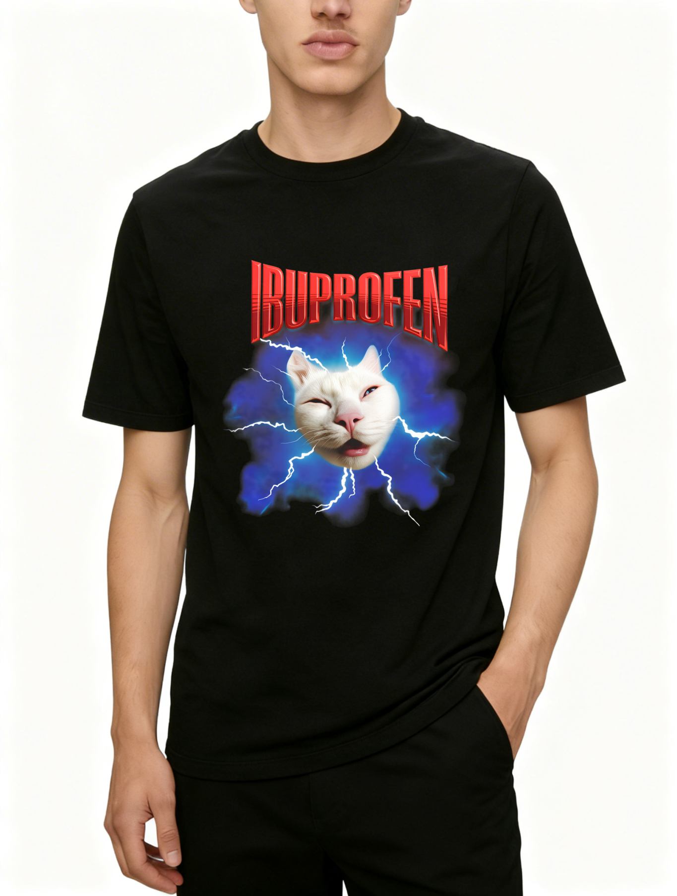 Dorawear™ Ibuprofen Cat Lightning Blue Background T Shirt
