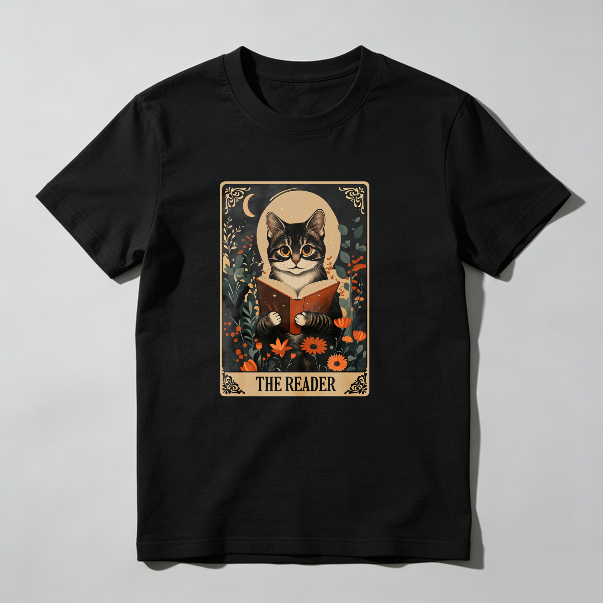 Dorawear™ Cat Reading Book With Flowers And Moon T Shirt