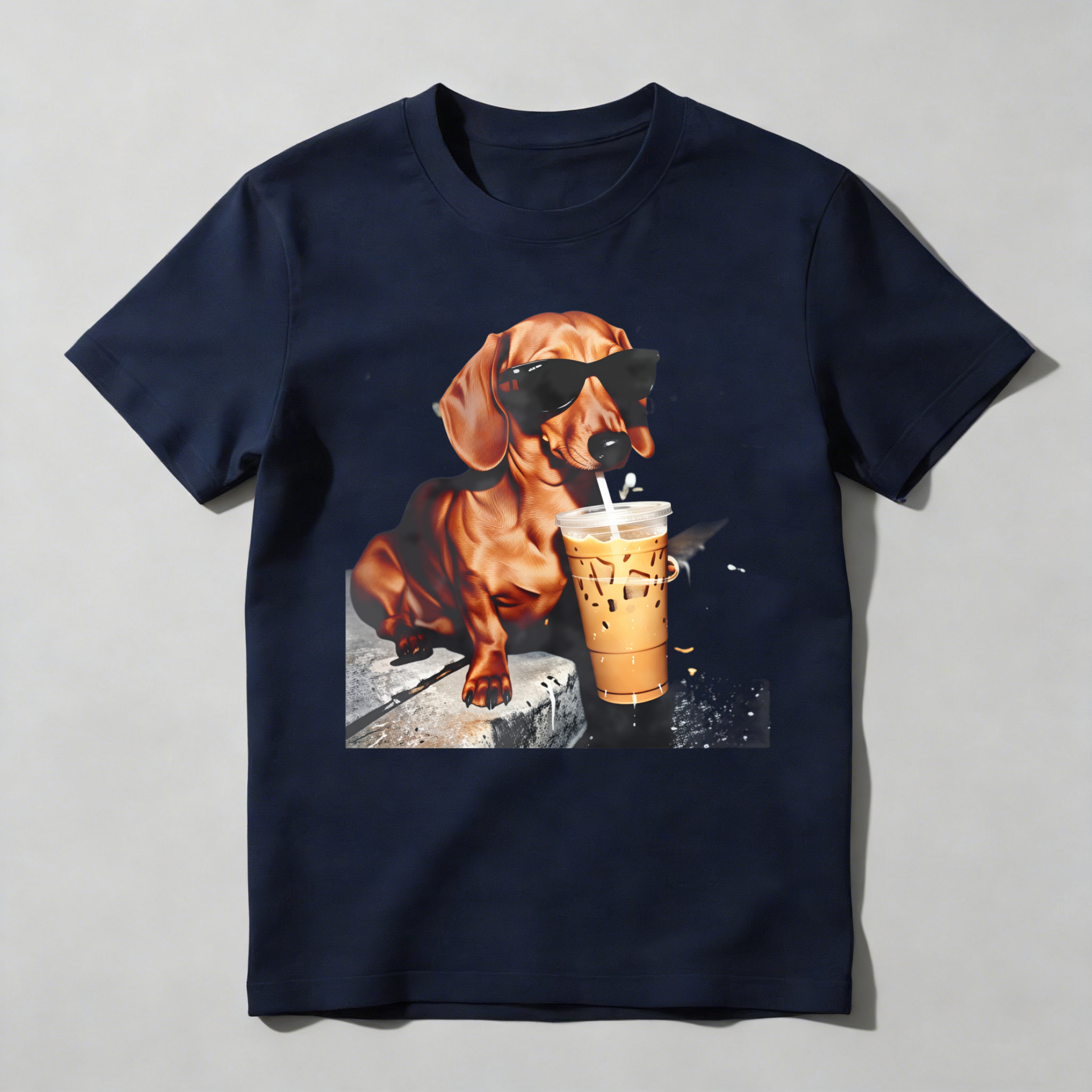 Dorawear™ Dachshund Wears Sunglasses Sips Iced Coffee T Shirt