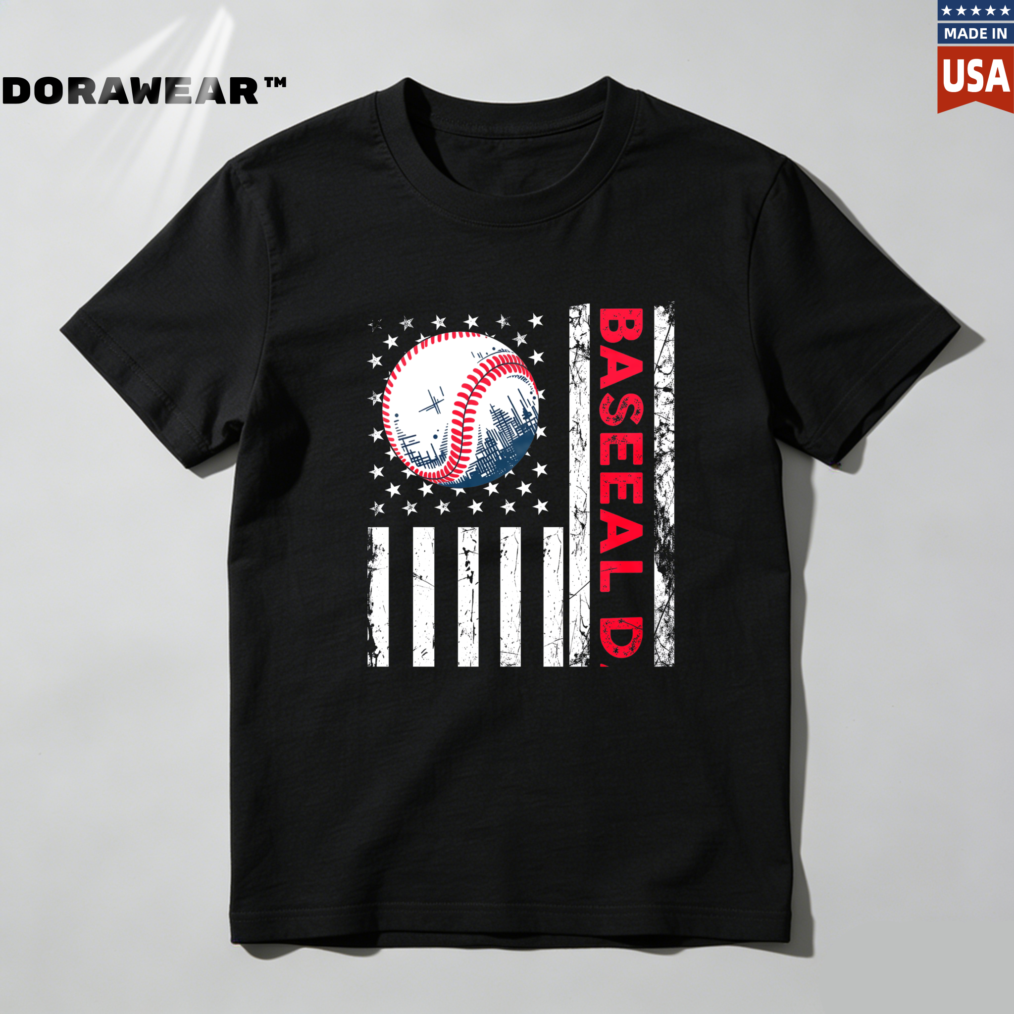 Dorawear™ Baseball Flag Design With Stars And Stripes  T Shirt-Dorawear