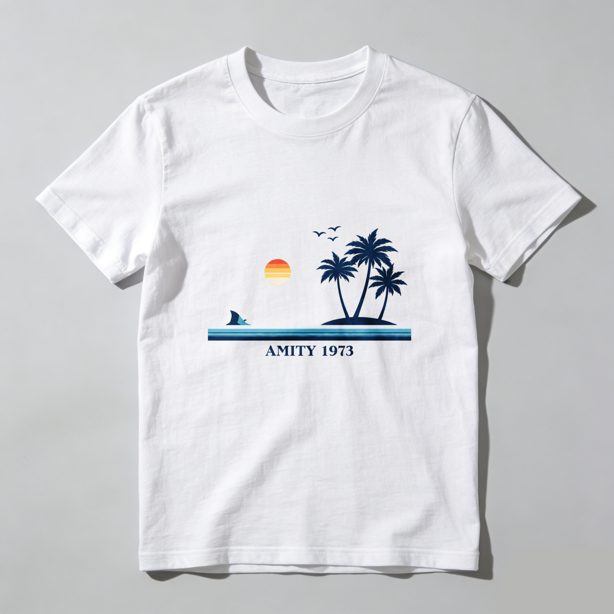 Dorawear™ Sunset Palm Trees Shark Amity 1973 Pure Cotton Short Sleeve T Shirt-Dorawear