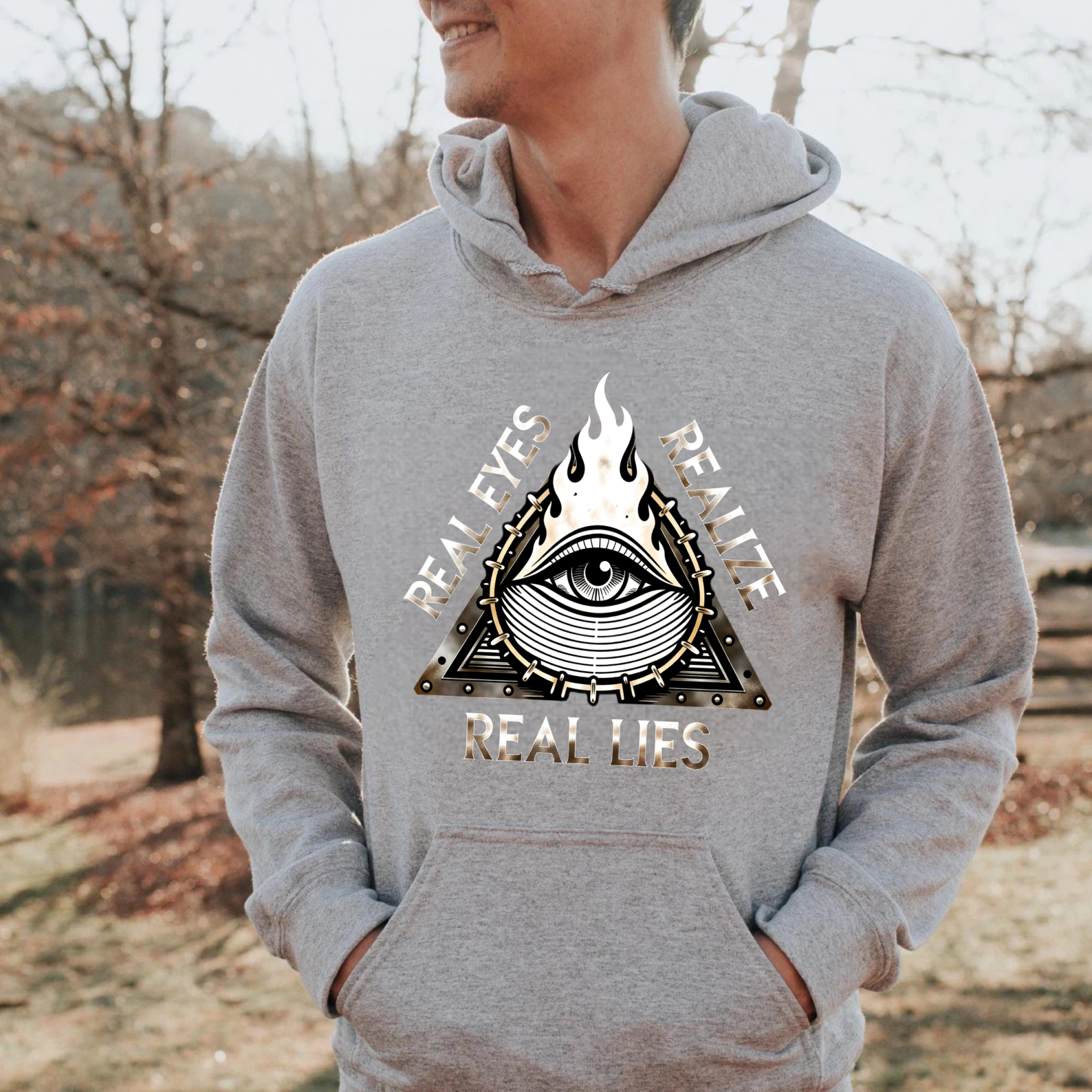 Dorawear™ Real Eyes Realize Real Lies Hoodie Black Eye Symbol Flame Design Unisex Sweatshirt Fashion Statement Clothing-Dorawear