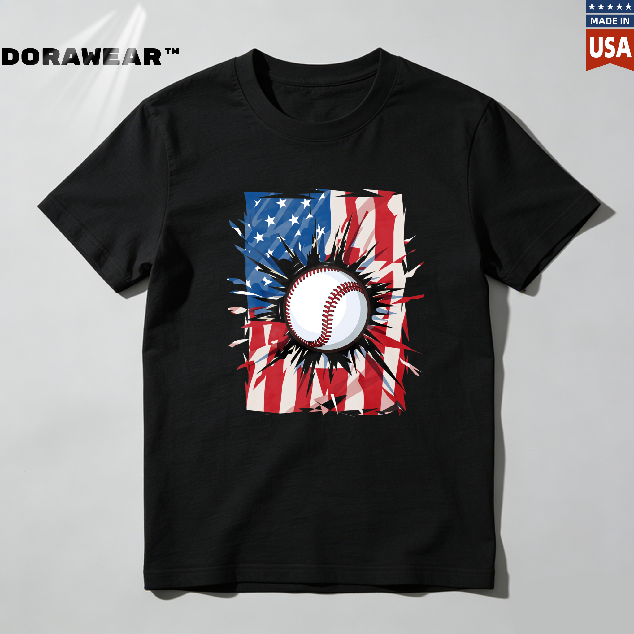 Dorawear™ Baseball With American Flag Background  T Shirt-Dorawear
