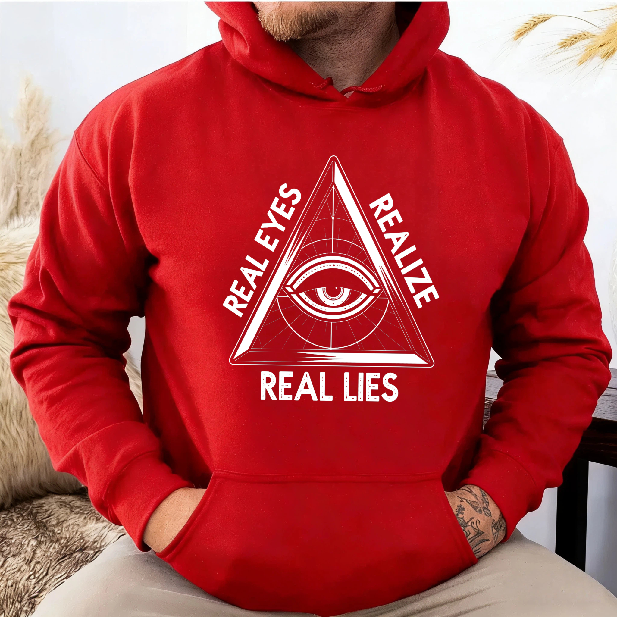 Dorawear™ Real Eyes Realize Real Lies Hoodie All Seeing Eye Symbol Black Sweatshirt With Pocket And Drawstring Hood For Men Women Unisex Fashion Streetwear Apparel-Dorawear