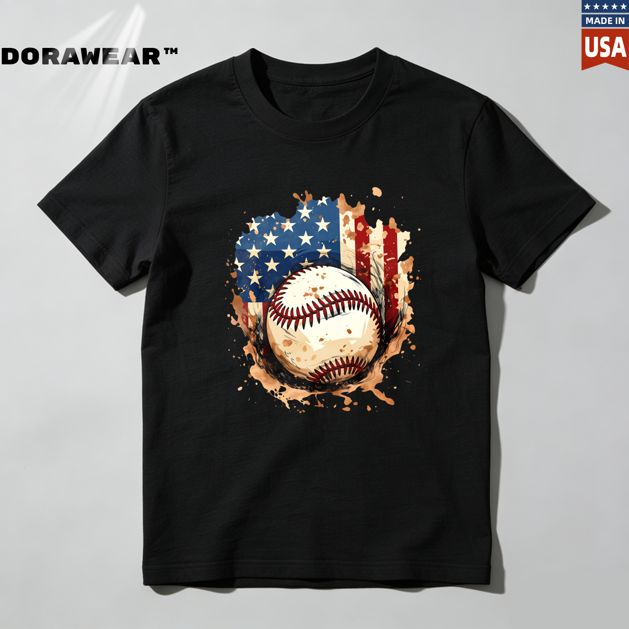 Dorawear™ Baseball American Flag Design On Black Shirt  T Shirt-Dorawear