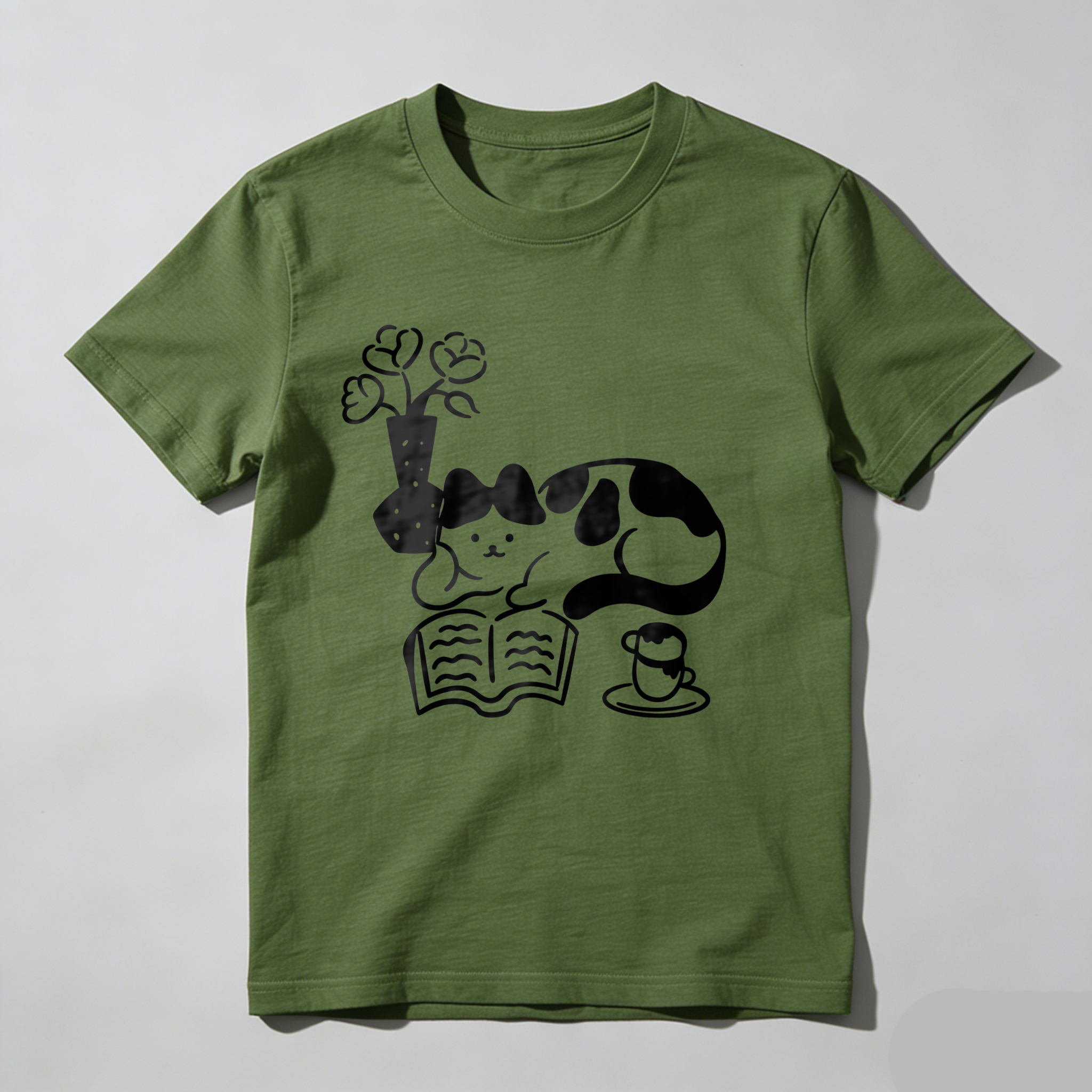 Dorawear Cat Reading Book With Flowers And Tea T Shirt