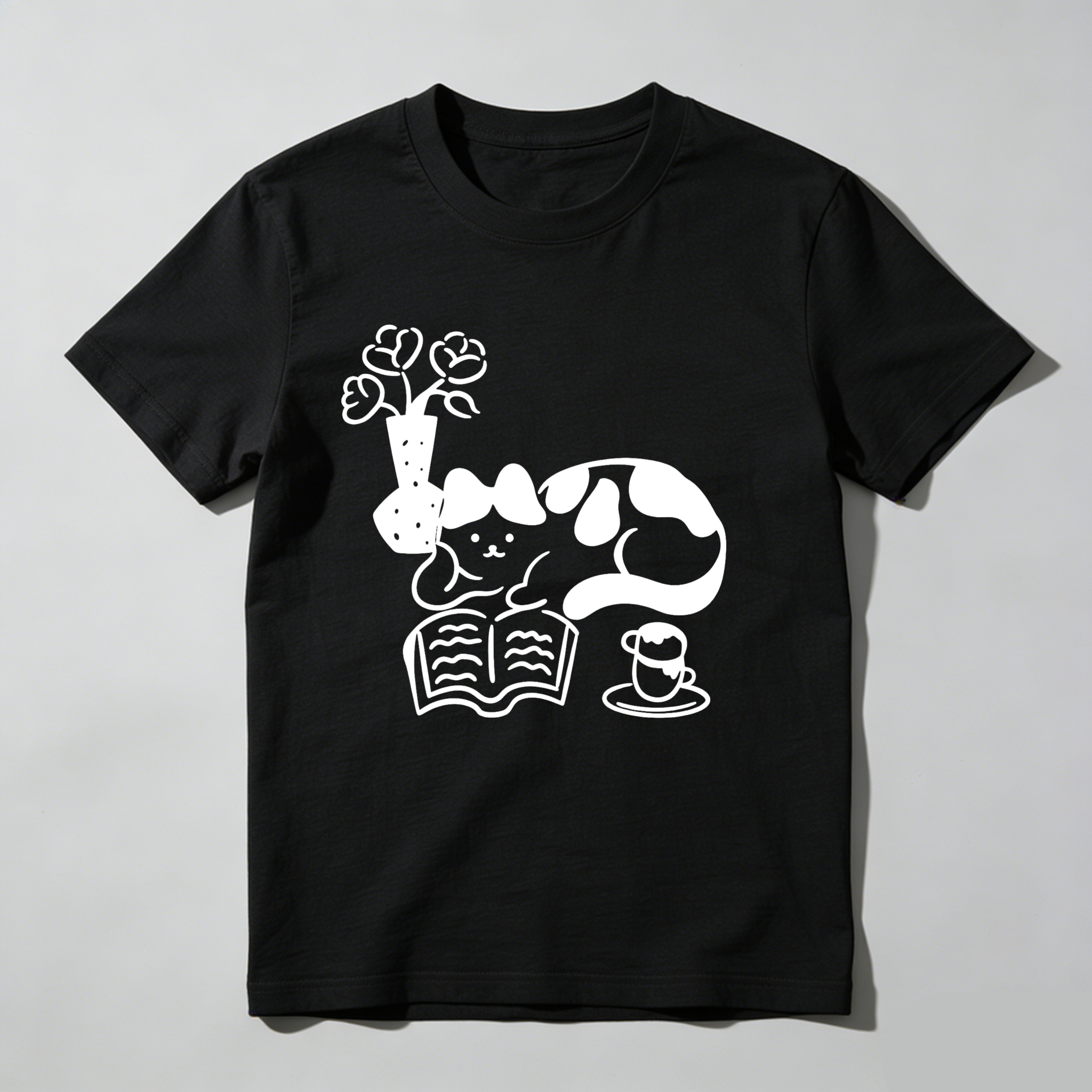Dorawear Cat Reading Book With Flowers And Tea T Shirt
