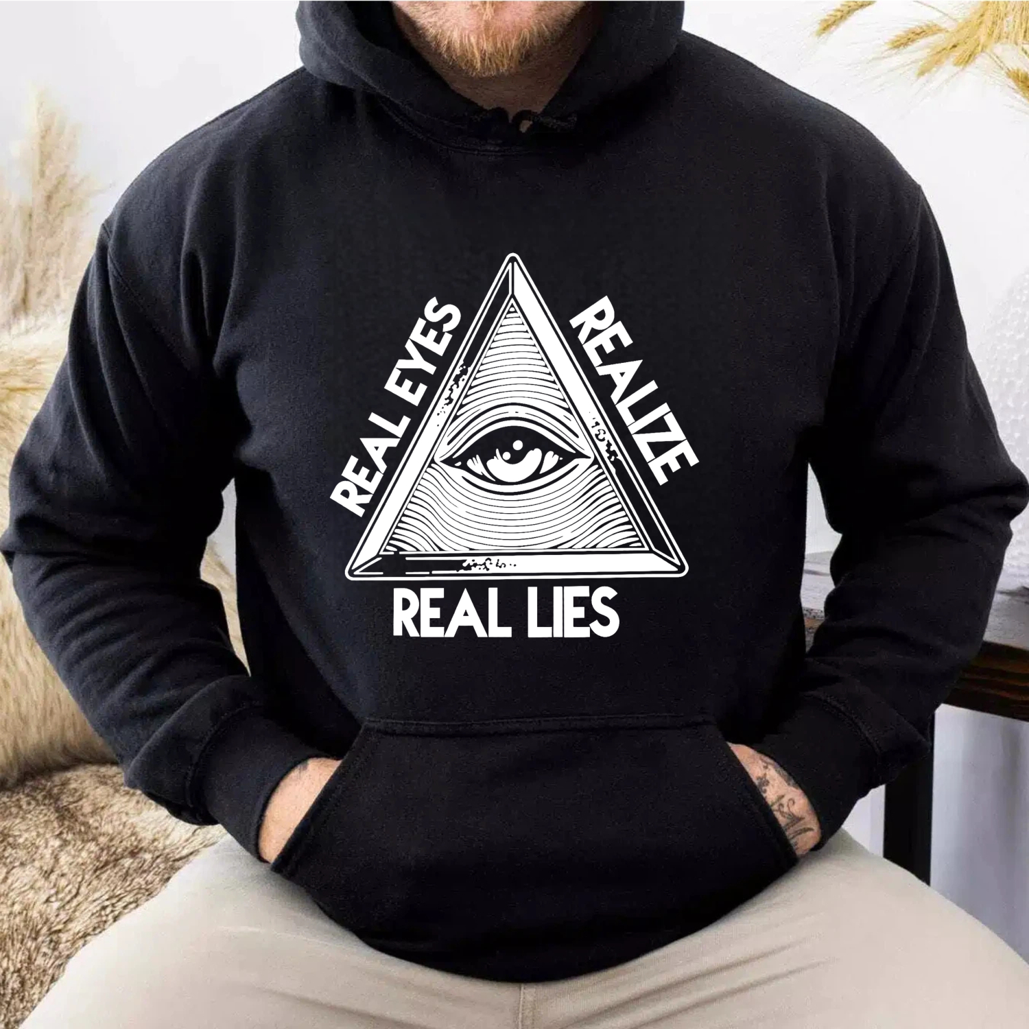 Dorawear™ Real Eyes Realize Real Lies All Seeing Eye Pyramid Hoodie Black Sweatshirt With Pocket And Drawstring Hood For Men Women Unisex Streetwear Fashion Clothing-Dorawear