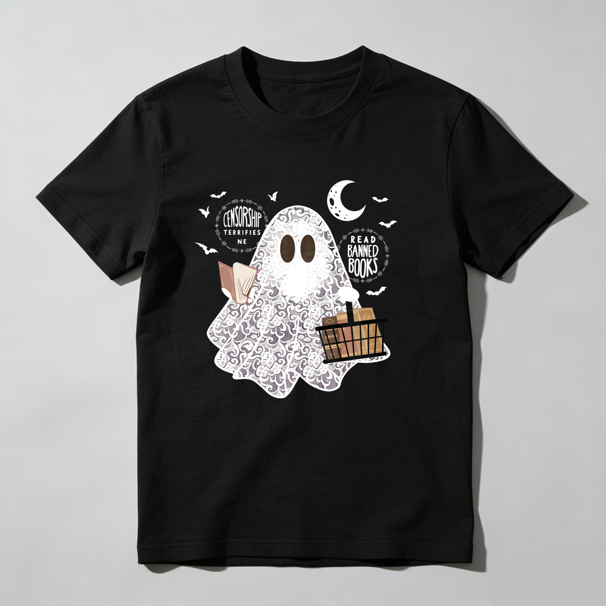 Dorawear Ghost Holds Books And Moon With Bats T Shirt