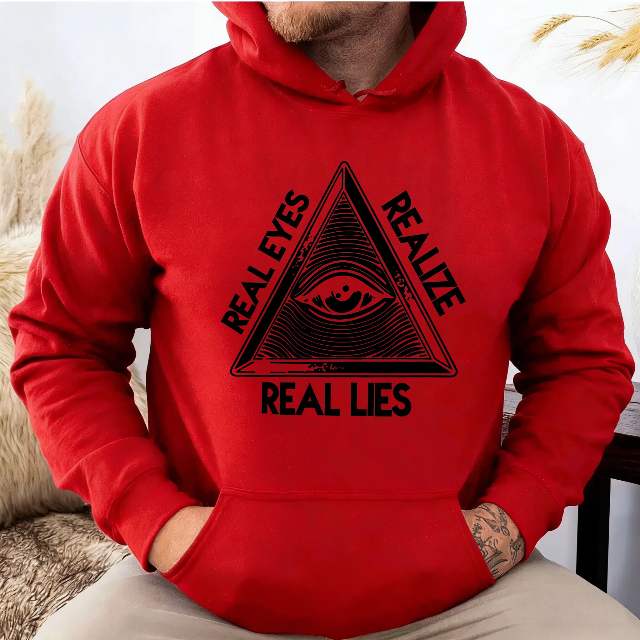 Dorawear™ Real Eyes Realize Real Lies All Seeing Eye Pyramid Hoodie Black Sweatshirt With Pocket And Drawstring Hood For Men Women Unisex Streetwear Fashion Clothing-Dorawear