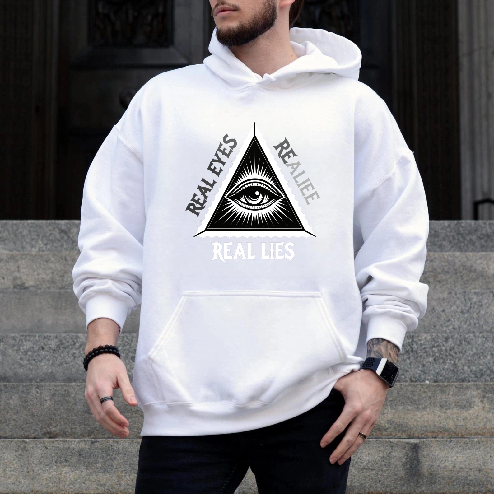 Dorawear™ Real Eyes Real Lies All Seeing Eye Hoodie Black Sweatshirt With Pocket And Drawstring Hood For Men Women Unisex Fashion Streetwear Top-Dorawear