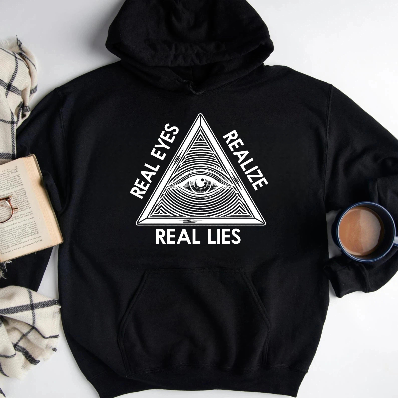  Dorawear™ Real Eyes Real Lies All Seeing Eye Hoodie Black Sweatshirt With Pocket And Drawstring Hood For Men Women Unisex Fashion Streetwear Top-Dorawear