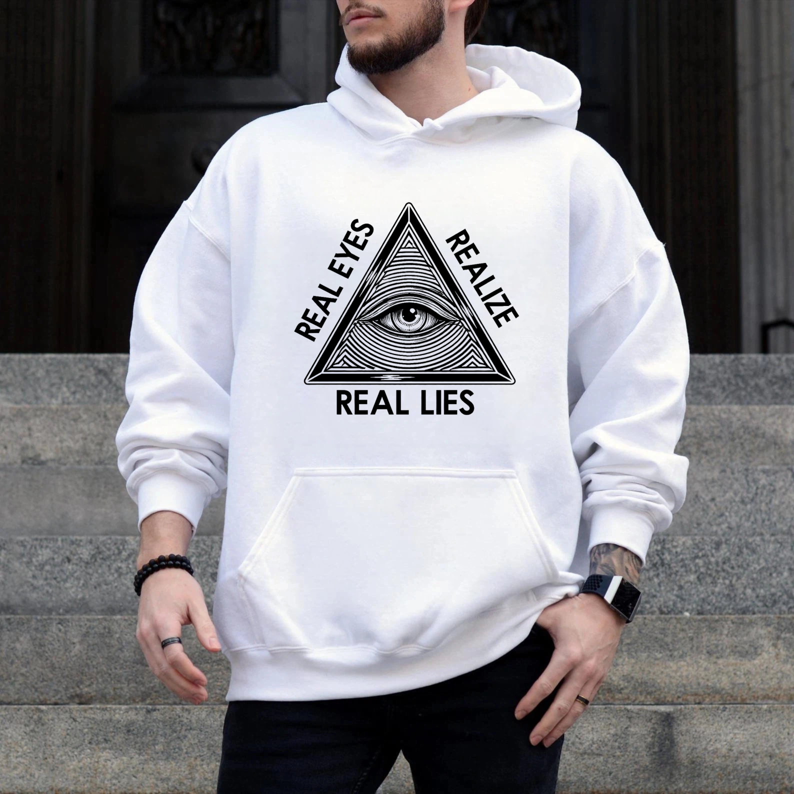  Dorawear™ Real Eyes Real Lies All Seeing Eye Hoodie Black Sweatshirt With Pocket And Drawstring Hood For Men Women Unisex Fashion Streetwear Top-Dorawear