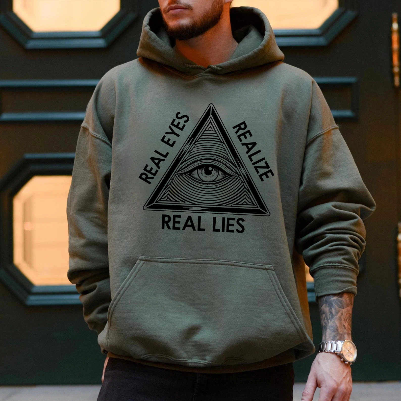  Dorawear™ Real Eyes Real Lies All Seeing Eye Hoodie Black Sweatshirt With Pocket And Drawstring Hood For Men Women Unisex Fashion Streetwear Top-Dorawear